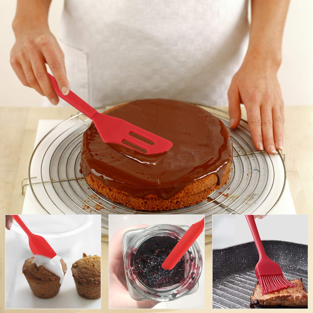 Spatule en Silicone，Spatule de Silicone de Cusine Kit，6 Ustensiles Antiadhésifs Résistants à La Chaleur Avec Noyau en Acier Inoxydable Résistant à La Corrosion Pour La Cuisson et Le Brassage (Rouge)