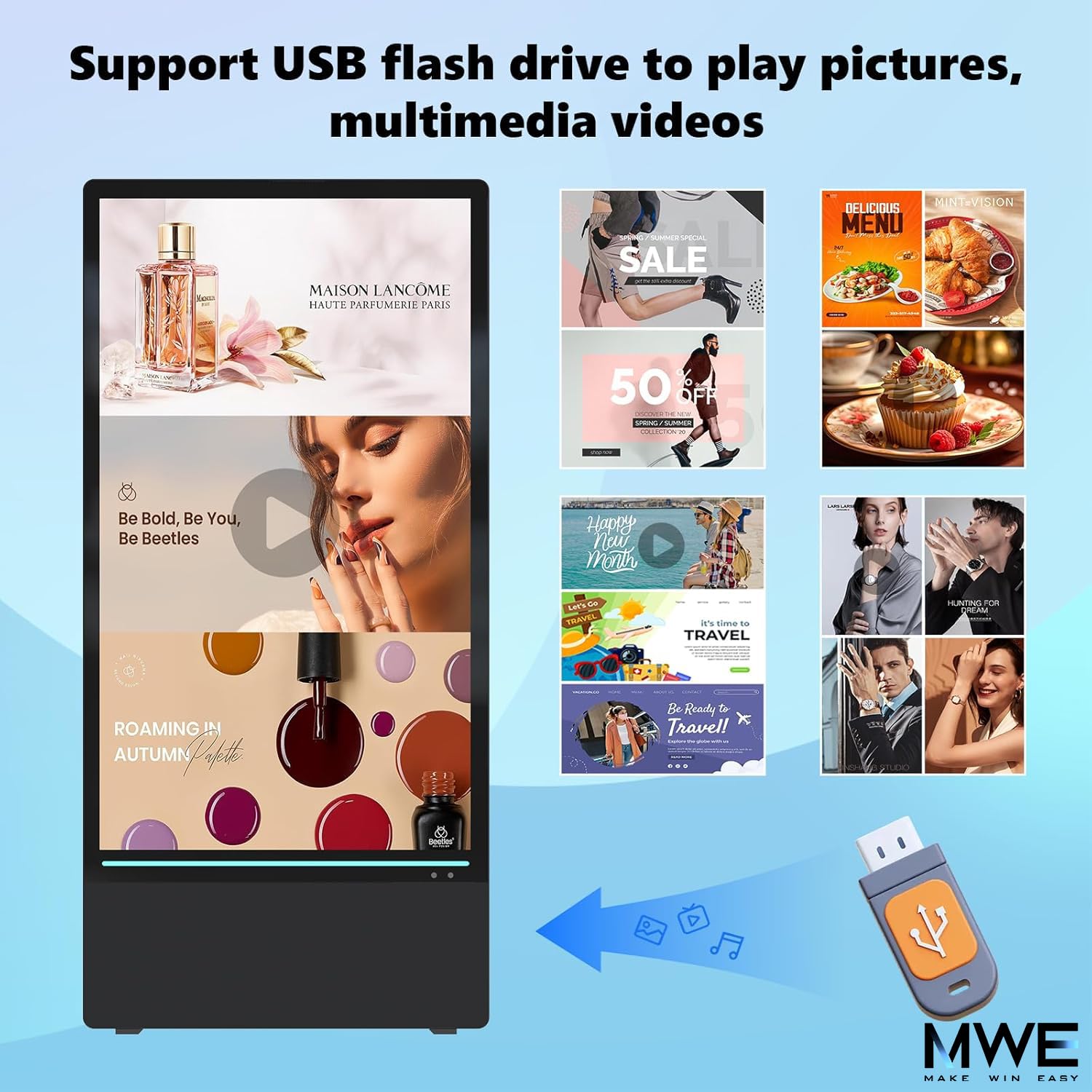 RIXZSIW 43 inch Outdoor Digital Signage Display,LCD 4K UHD, IP55 Waterproof,Split Screen Playback,USB Flash Drive/WiFi Removable Media Player,1800Nit Auto Adjustment, Android OS