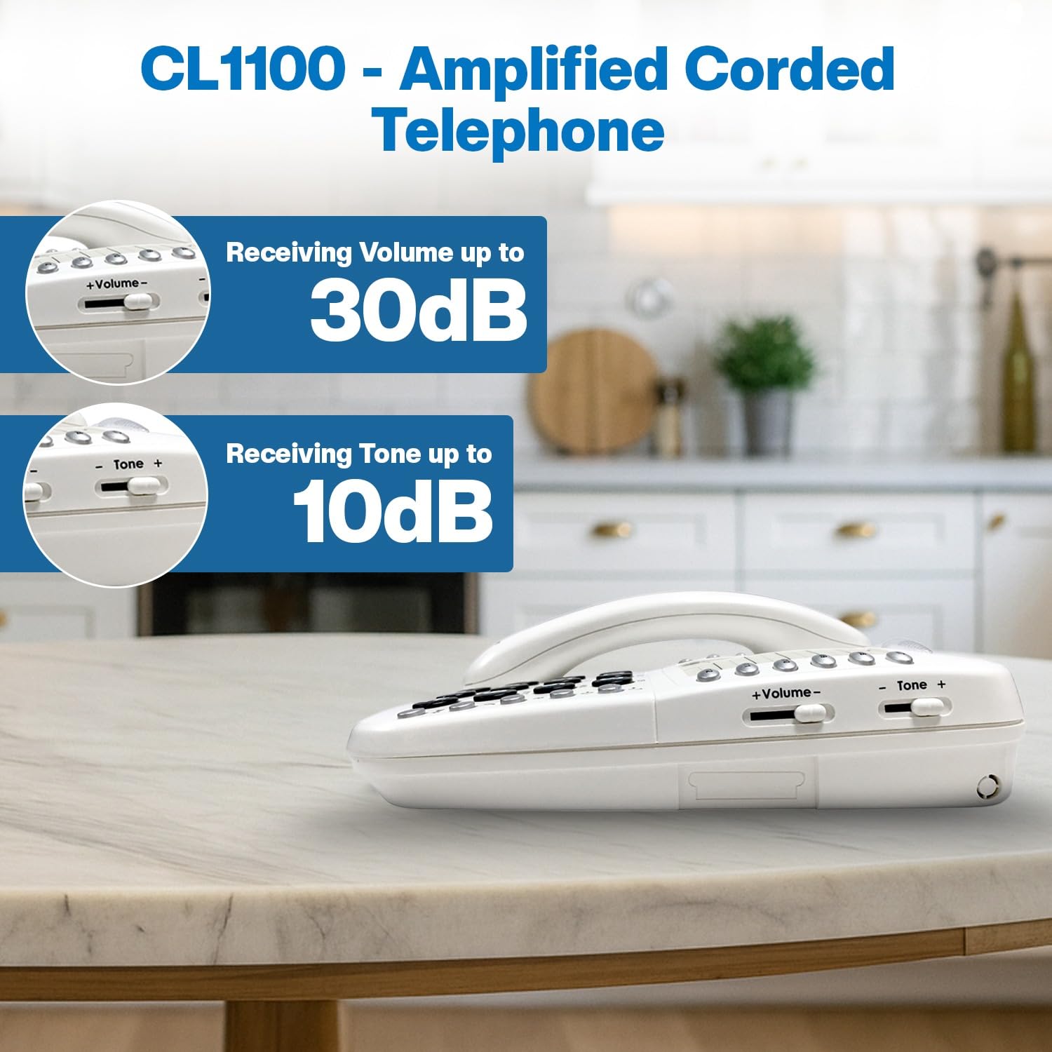 Geemarc CL1100 - Teléfono Amplificado con Cable con memorias de un Solo Toque y Control de Tono y Volumen, Compatible con audífonos, pérdida auditiva Baja a Media, versión del Reino Unido