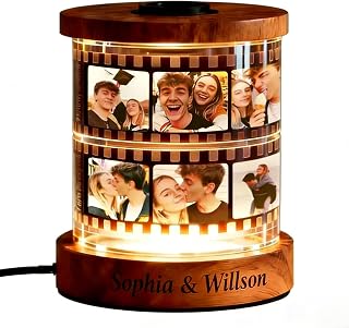 Custom Photo Film Night Light Personalized Photo Frames with Text, Pictures& Music,Wooden Rotating Film Roll Photo Display Memory Box Gift for Couple Anniversary Birthday
