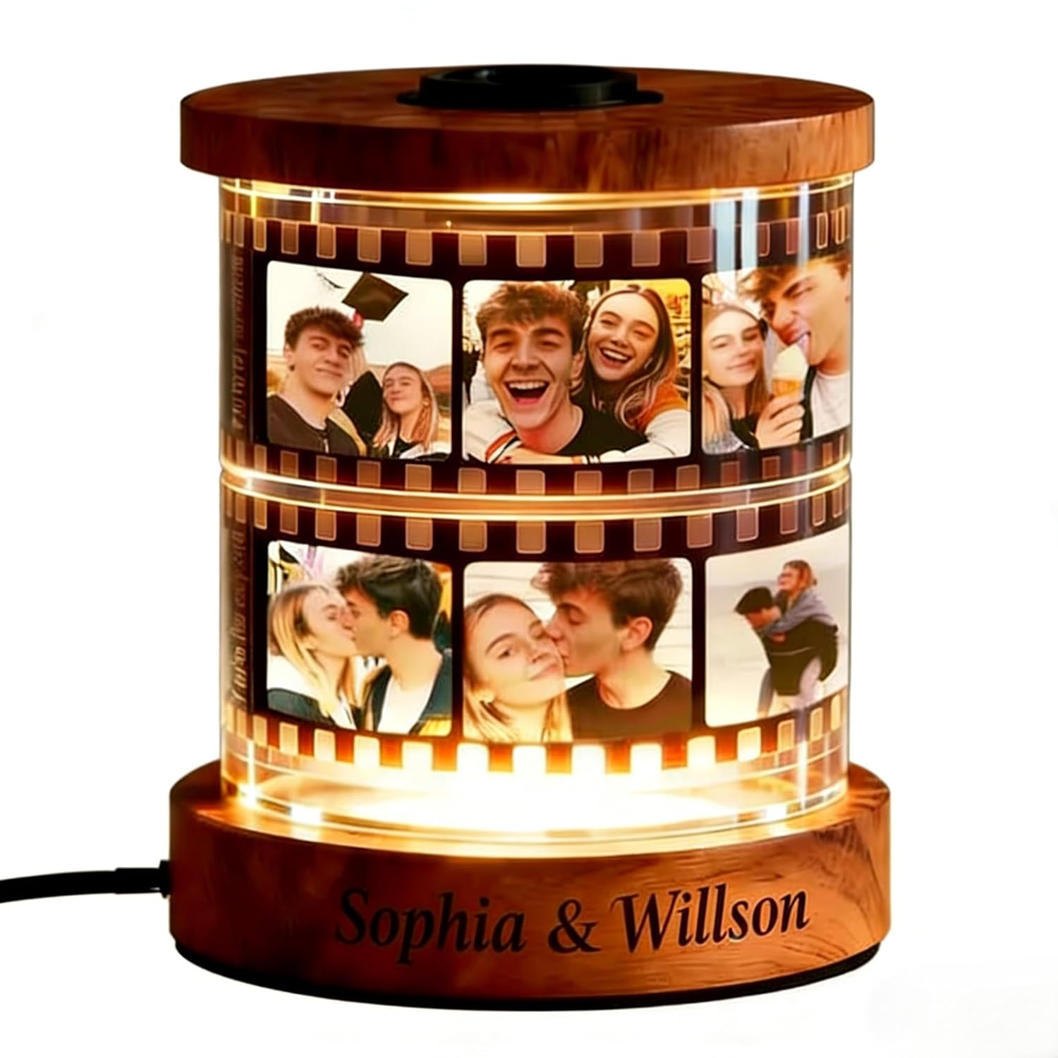 Custom Photo Film Night Light Personalized Photo Frames with Text Pictures Music Wooden Rotating Film Roll Photo Display