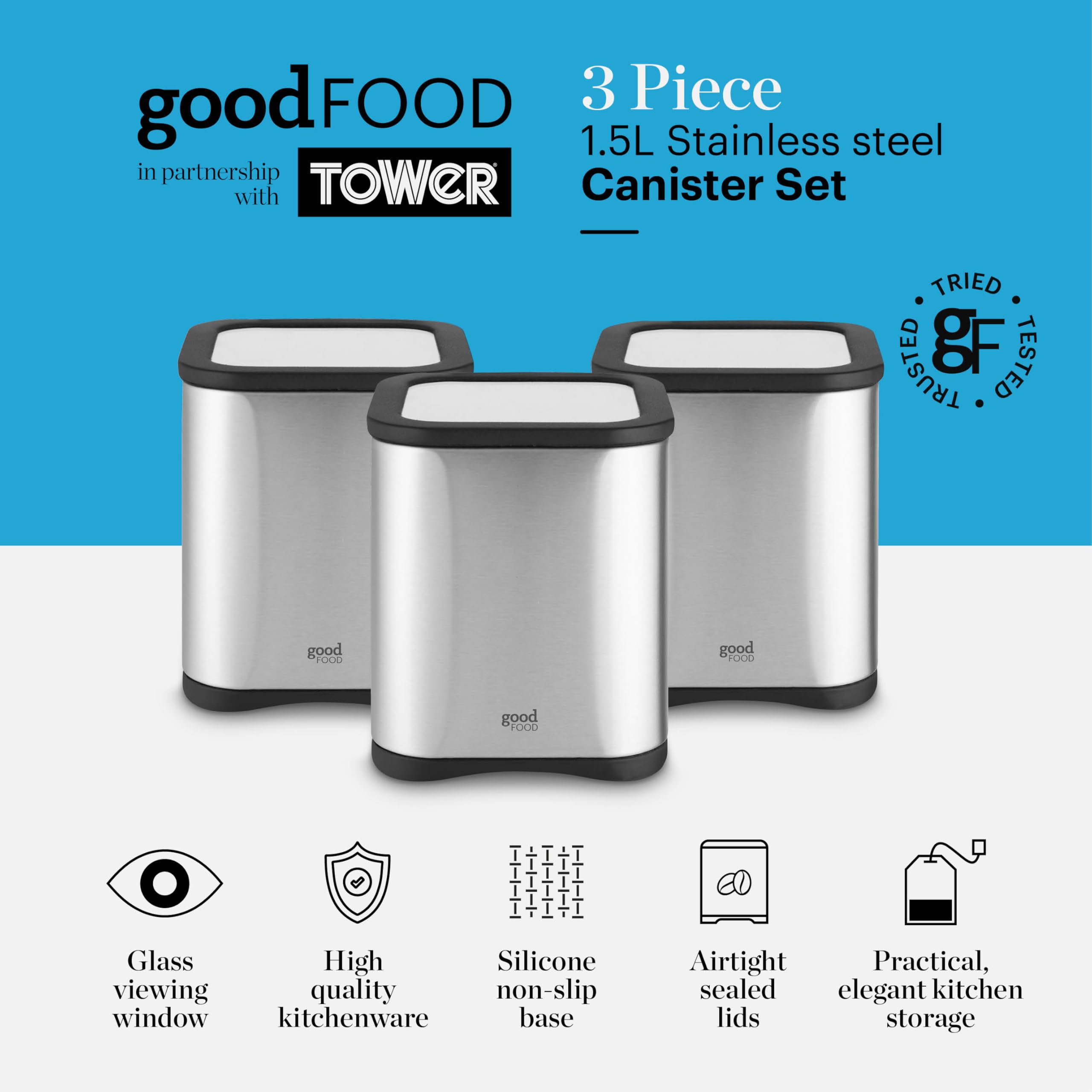 GF826190 Good Food in Partnership with Tower, Vorratsdosen für die Küche, für Tee, Kaffee, Zucker und andere lose Zutaten, mit Spiegel-Finish, 1,5 l, Edelstahl, 3 Stück