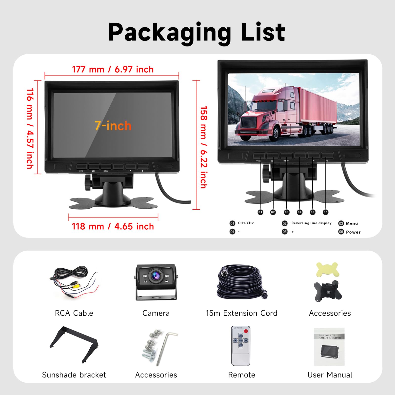 Hodozzy Cámara de Marcha Atrás Kit con 1080P Pantalla 7 Pulgadas IPS Monitor para Cámara de Visión Trasera de Visión Nocturna y Impermeable IP69, Conector de Aviación Cámara Cable 12V-24V para Camión