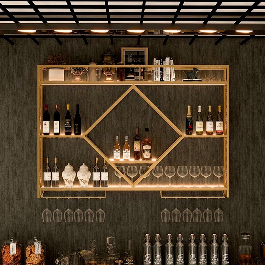 Étagère à LED modernes pour bouteilles d'alcool et verres à vin muraux