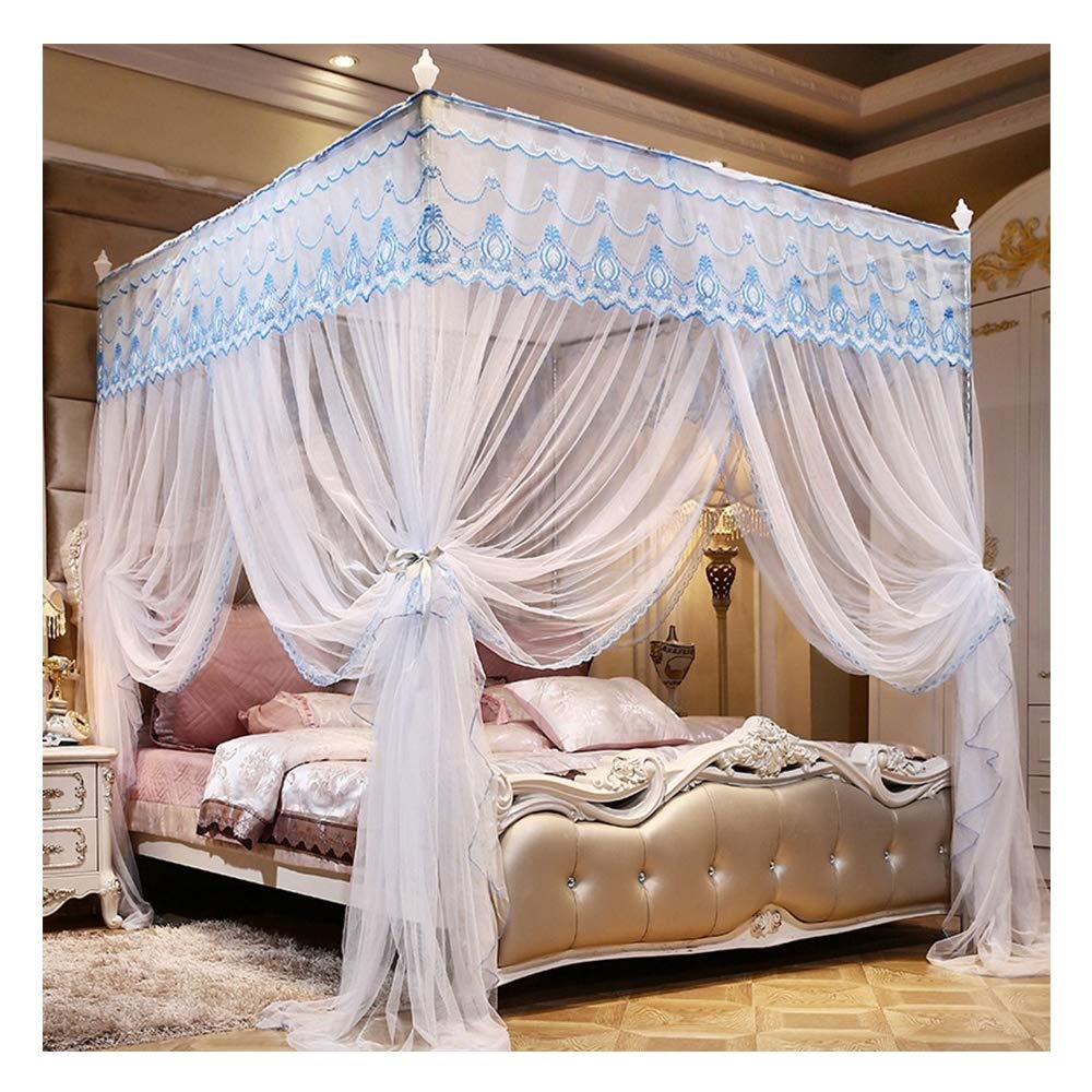 Marco de Cama con Dosel de 4 Postes en Las Esquinas, mosquitera para Cama, mosquitera Cuadrada de Encaje de Princesa, Cortinas de Dosel Que se colocan en el Suelo (Blanco, 150 x 200 x 200 cm