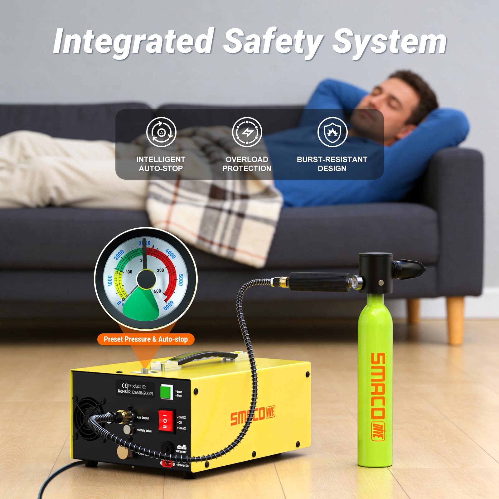 SMACO Compresor de Aire PCP Portátil 4500Psi / 30Mpa, Bomba de Aire de Alta Presión con Convertidor Incorporado Apagado Automático 12V CC o 110V / 220V CA para Paintball, Mini Botella de Buceo