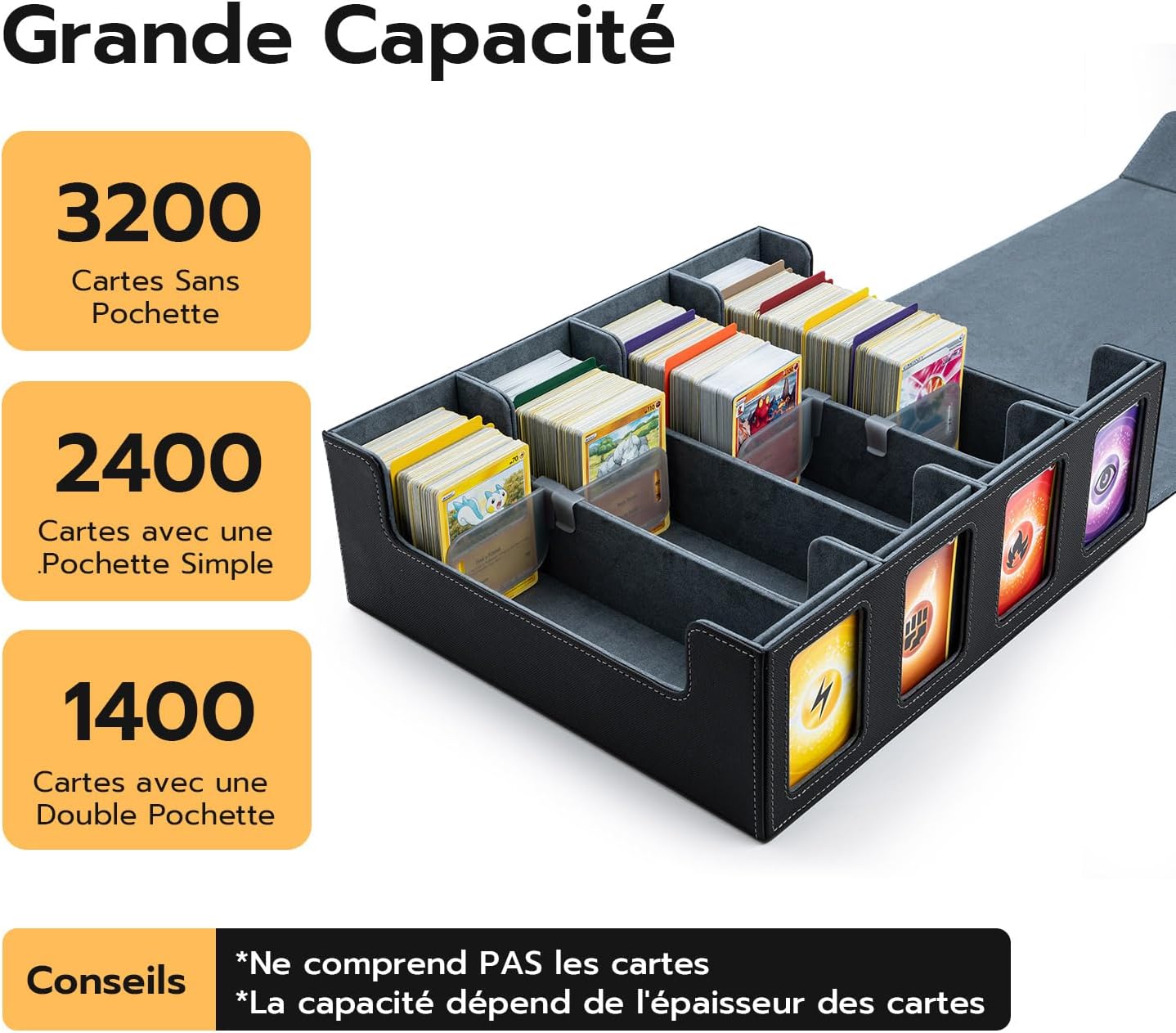 Boîte à Cartes Pour MTG, 4 Rangées Deck Box Pour plus de 3200 cartes, Boîte à Rabat Magnétique Avec Cuir Pu Pour Cartes Magic Commander TCG avec 12 séparateurs multicolores et 8 clips – Noir — vue 3