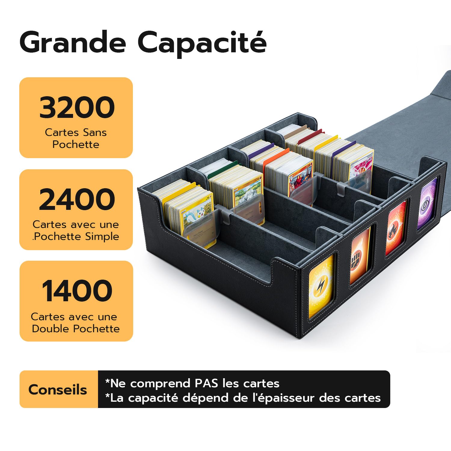 Boîte à Cartes Pour MTG, 4 Rangées Deck Box Pour plus de 3200 cartes, Boîte à Rabat Magnétique Avec Cuir Pu Pour Cartes Magic Commander TCG avec 12 séparateurs multicolores et 8 clips – Noir