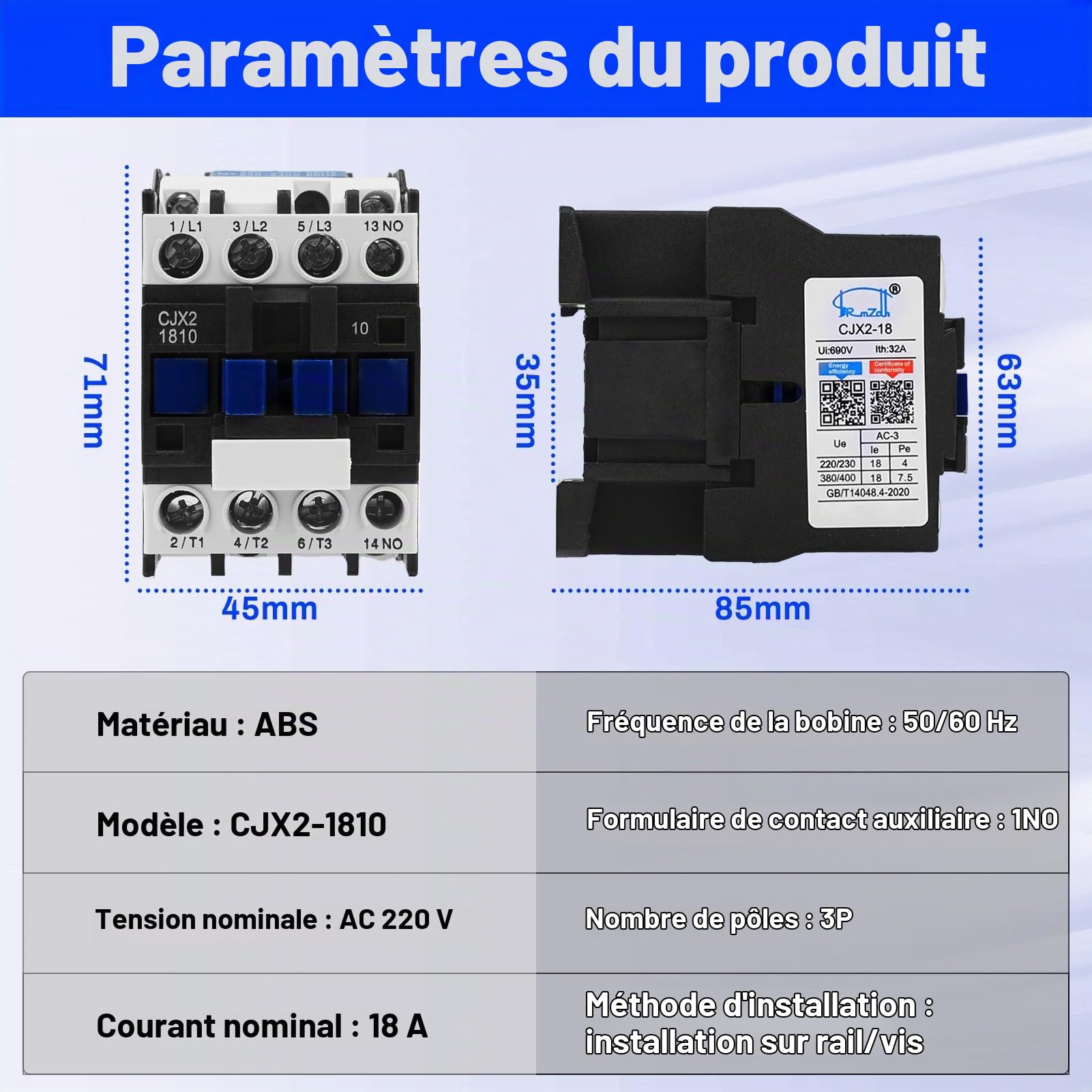 Contacteur AC Buyweek 3 pôles Contact normalement Ouvert 220V AC 50/60Hz contacteur AC à Pointe argentée épaissie CJX2-1810