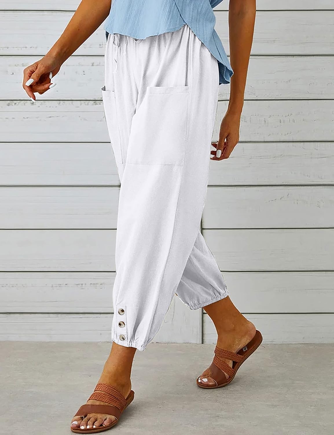 HangNiFang Cotton Linen Capri Pants for Women High Elastic Waisted Drawstring Cropped Pants with Pockets - Image 4