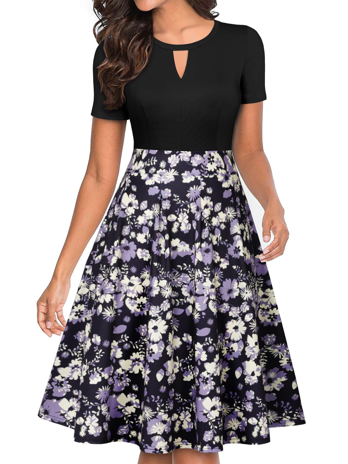 YATHON Women's Vintage Floral Flared A-Line Swing Casual Party Dresses with Pockets