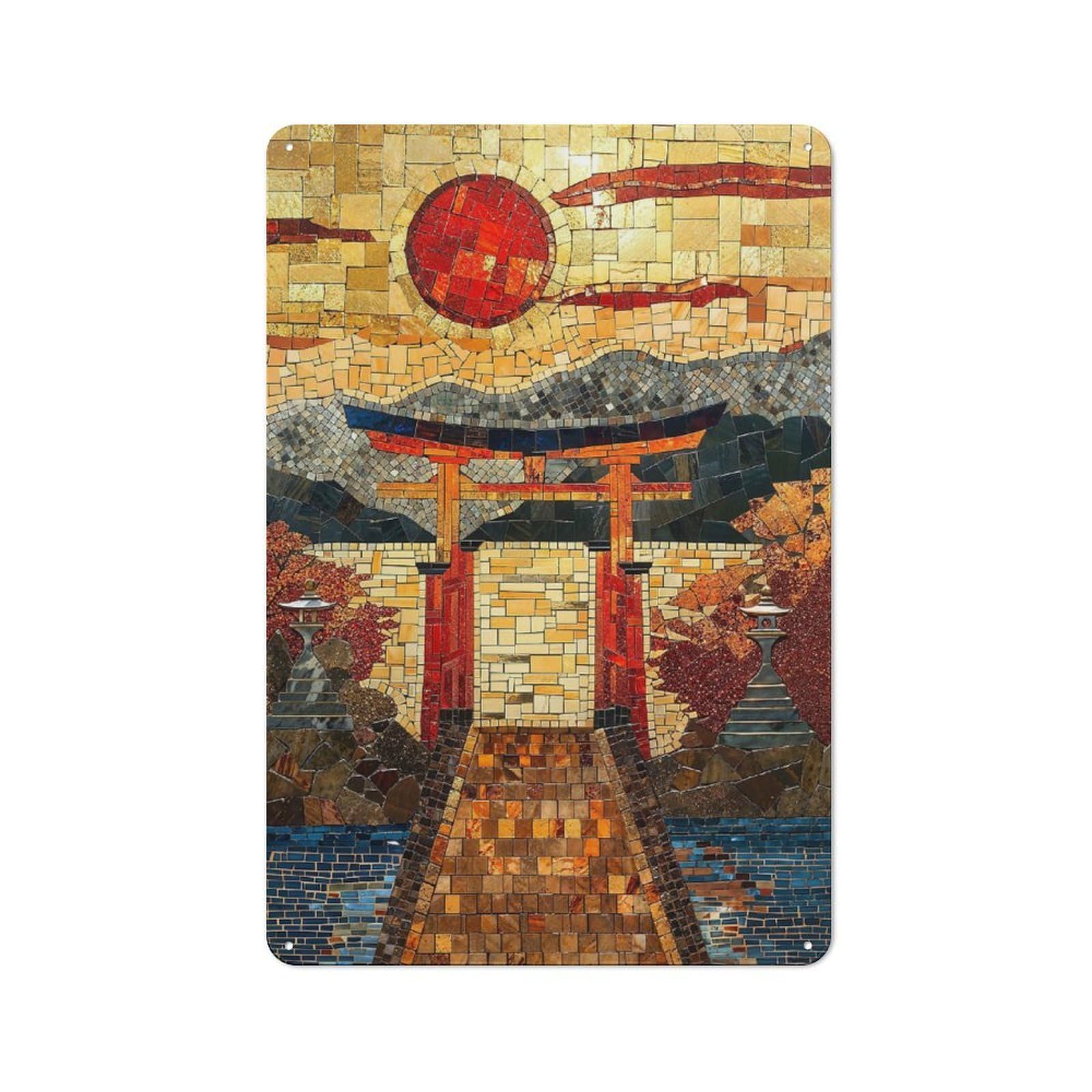 Sacred Torri Path Mosaic Retro Metal Sign 30x20cm, Distressed Look Retro Room Decor for Living Room, Hallway, Kitchen Or Cafe