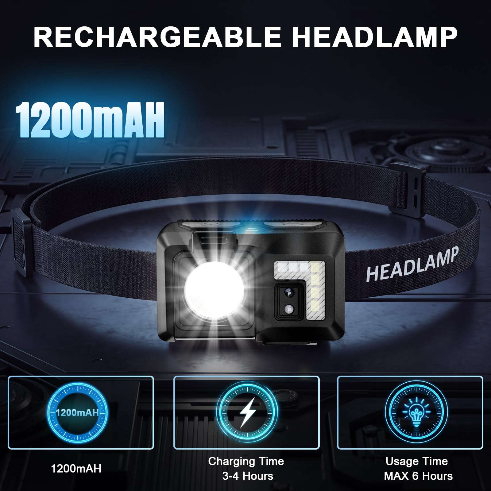 Wiederaufladbare Stirnlampe – LED-Stirnlampe mit rotem Licht, Bewegungssensor – Schwarz