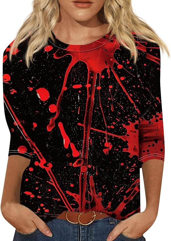 Cute Funny Halloween Shirts for Women Plus Size 3/4 Length Long Sleeve Womens Tops Witch Gothic Renaissance Shirt