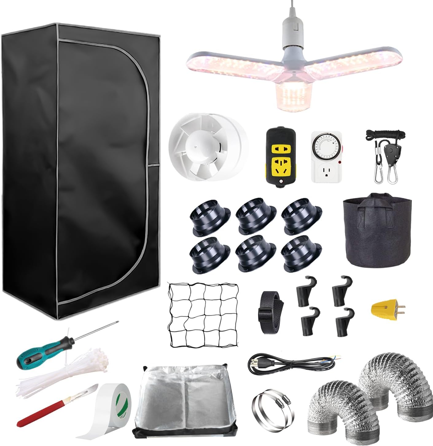 Complete Mylar Growing Tent 2x2 Grow Tent Kit 24"x24"x55" Indoor Plant Growing Room LED Full Spectrum Grow Light Ventilation Inline Fan + Acceseries