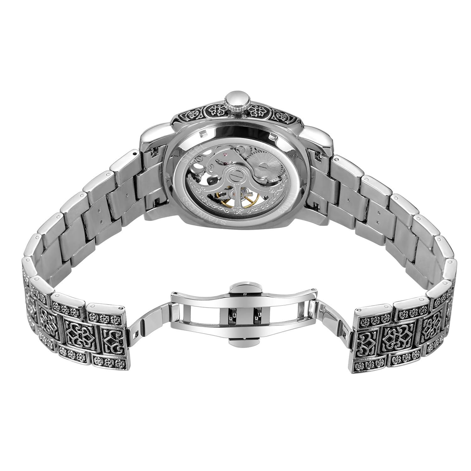 Reloj de esqueleto mecánico automático para hombre, cuerda manual en caja cuadrada, pulsera de acero grabada vintage y cierre desplegable, regalo retro para él
