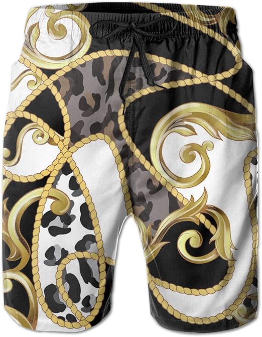 Zhengzho Men's Swim Trunks Cheetah Leopard Skin Pattern Black and White Gold Surfing Beach Board