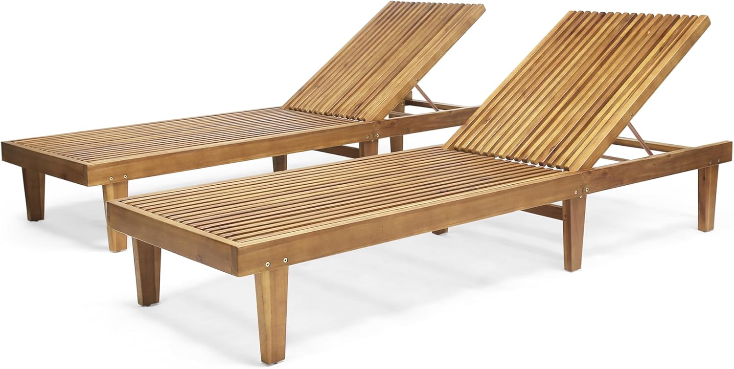 Christopher Knight Home Nadine Set of 2 Outdoor Patio Wood Adjustable Chaise Lounges, Acacia Wood Poolside Sun Lounger Set, Wooden Lounge Chair Outdoor, Teak
