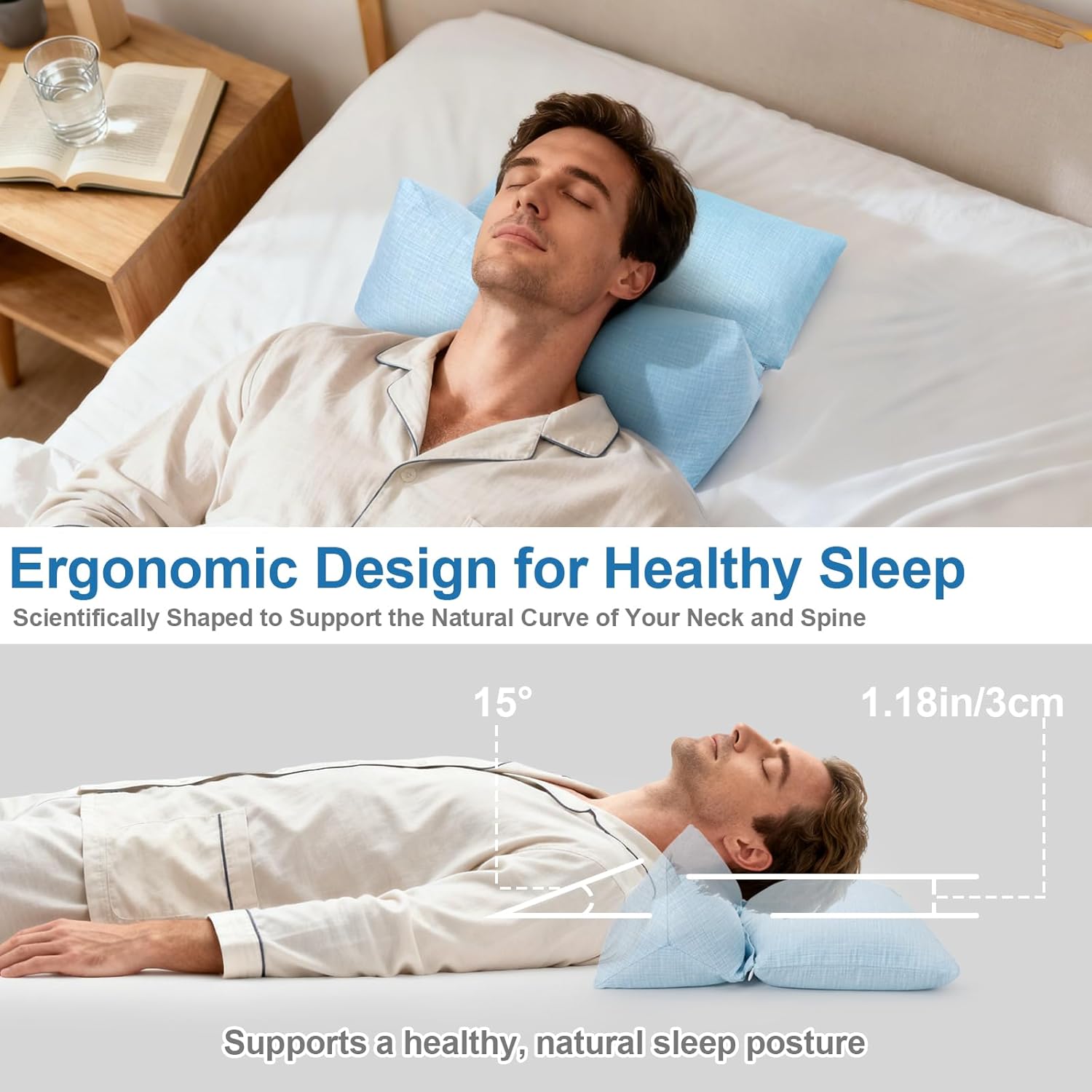 vocheer 3-in-1 Detachable Buckwheat Hull Pillow, Adjustable Neck Pillows for Pain Relief, Ergonomic Cervical Support Pillow, Multifunctional Pillows for Back And Side Sleeper in Bed Or at Office, Blue