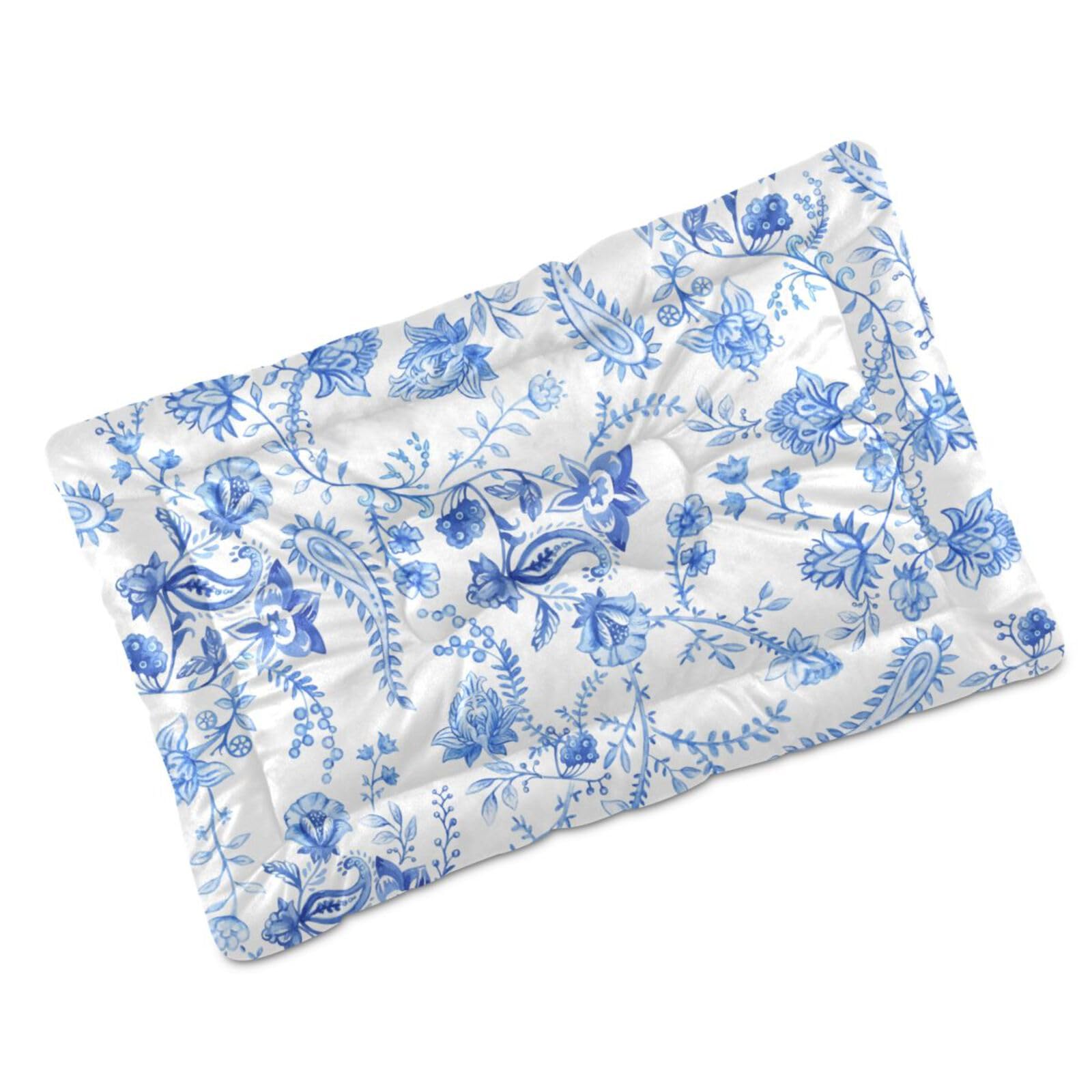 Blue-White-Floral-Paisleys-Style Warm Dog Bed Mat, Dog Crate Pad for Medium Dogs, Machine Washable Portable and Soft Pet Bed Mat, Anti-Slip 36 x 24
