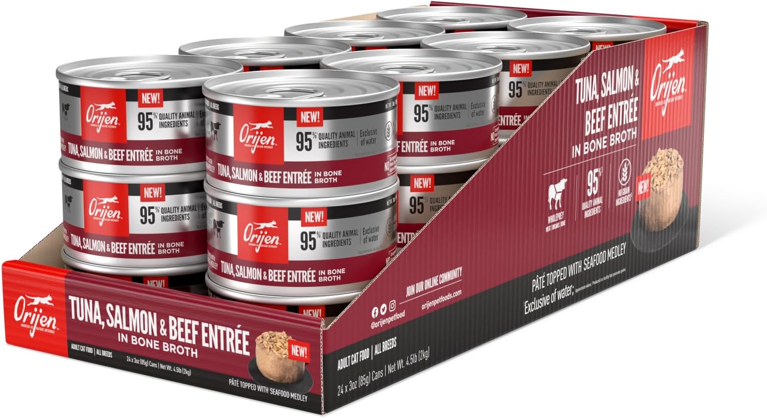 ORIJEN Premium Pate Wet Cat Food in Bone Broth Tuna Salmon & Beef Entree 3oz Cans (24 Count)