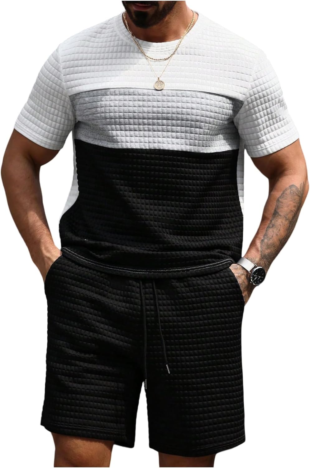 WDIRARA Men's 2 Piece Outfits Anchor Print Striped Tracksuits Short Sleeve T Shirt and Drawstring Shorts Sets