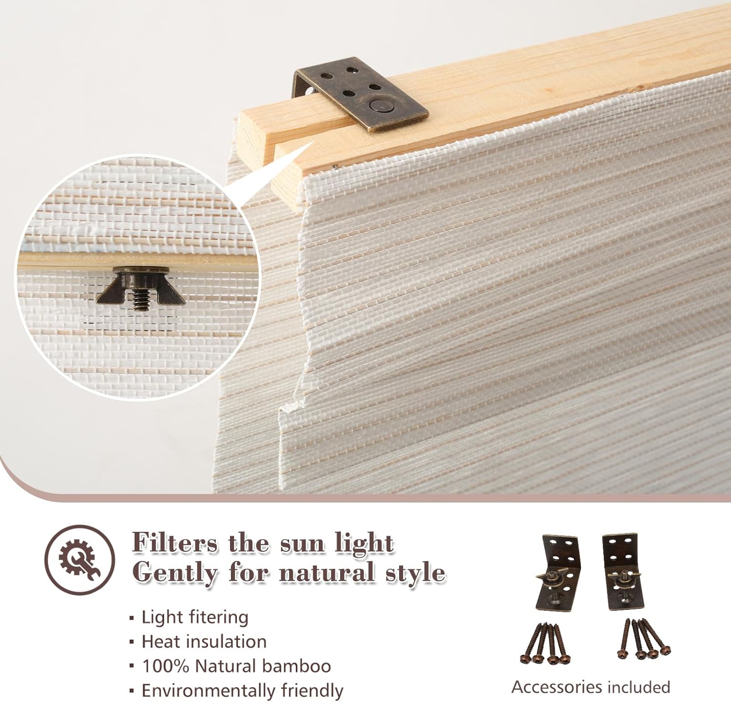 SUAKY Cordless Roman Shades Window Blinds, Blackout Shades with Lining, Natural 100% Bamboo and Linen Window Blinds, Bamboo Shades for Windows, Home, Color ML90-1