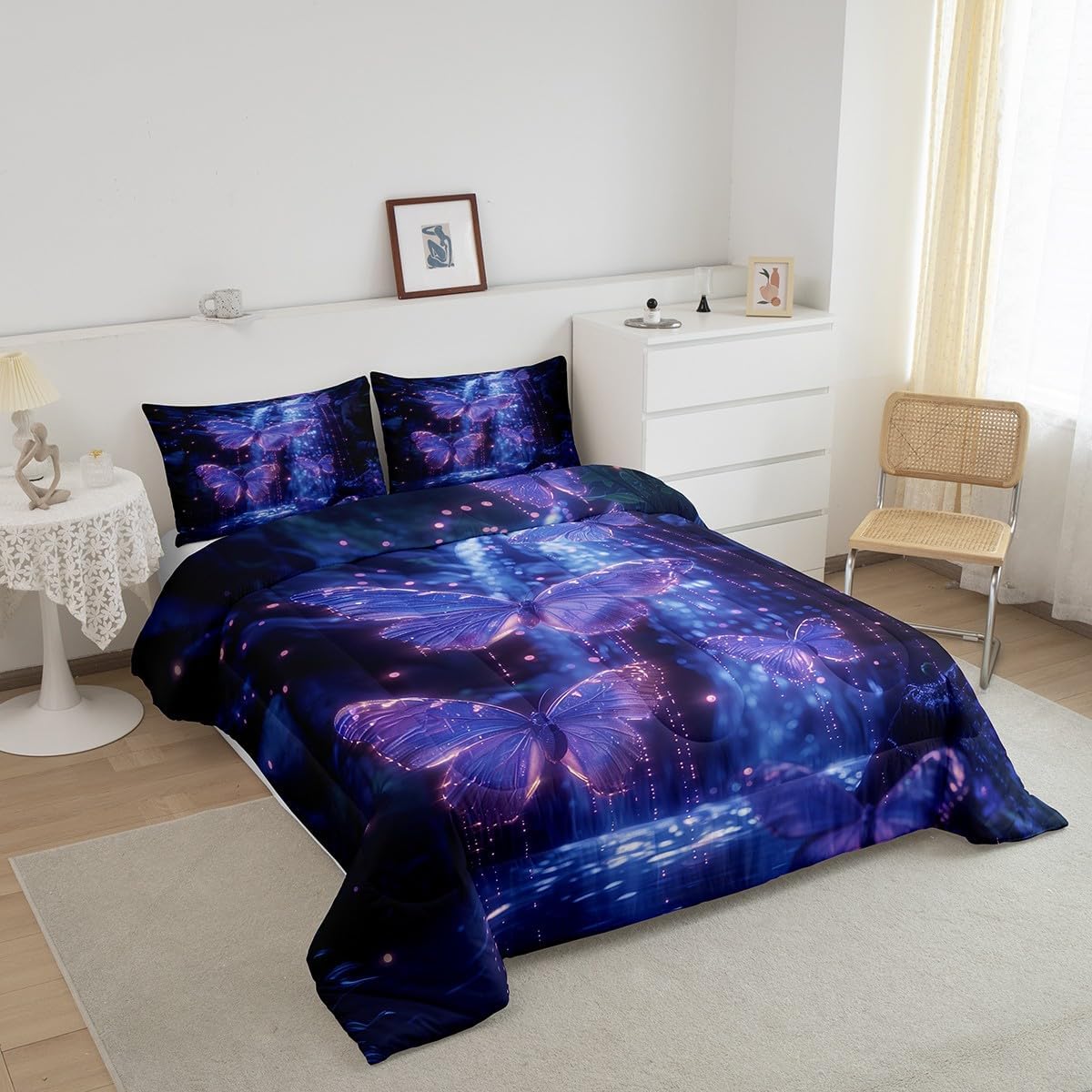 Feelyou Purple Butterfly Comforter Set Queen Size for Girls Kids Adults Nature Waterfall Pattern Bedding Set Aesthetics Butterflies Quilt Bed Set with 1 Comforter and 2 Pillowcases