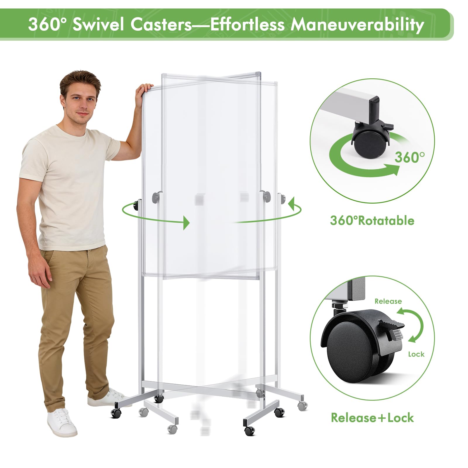Pizarra blanca móvil de 32 x 48 pulgadas de altura ajustable de borrado en seco, pizarra blanca de caballete de pie sobre ruedas, pizarra blanca magnética de doble cara con soporte para oficina, hogar