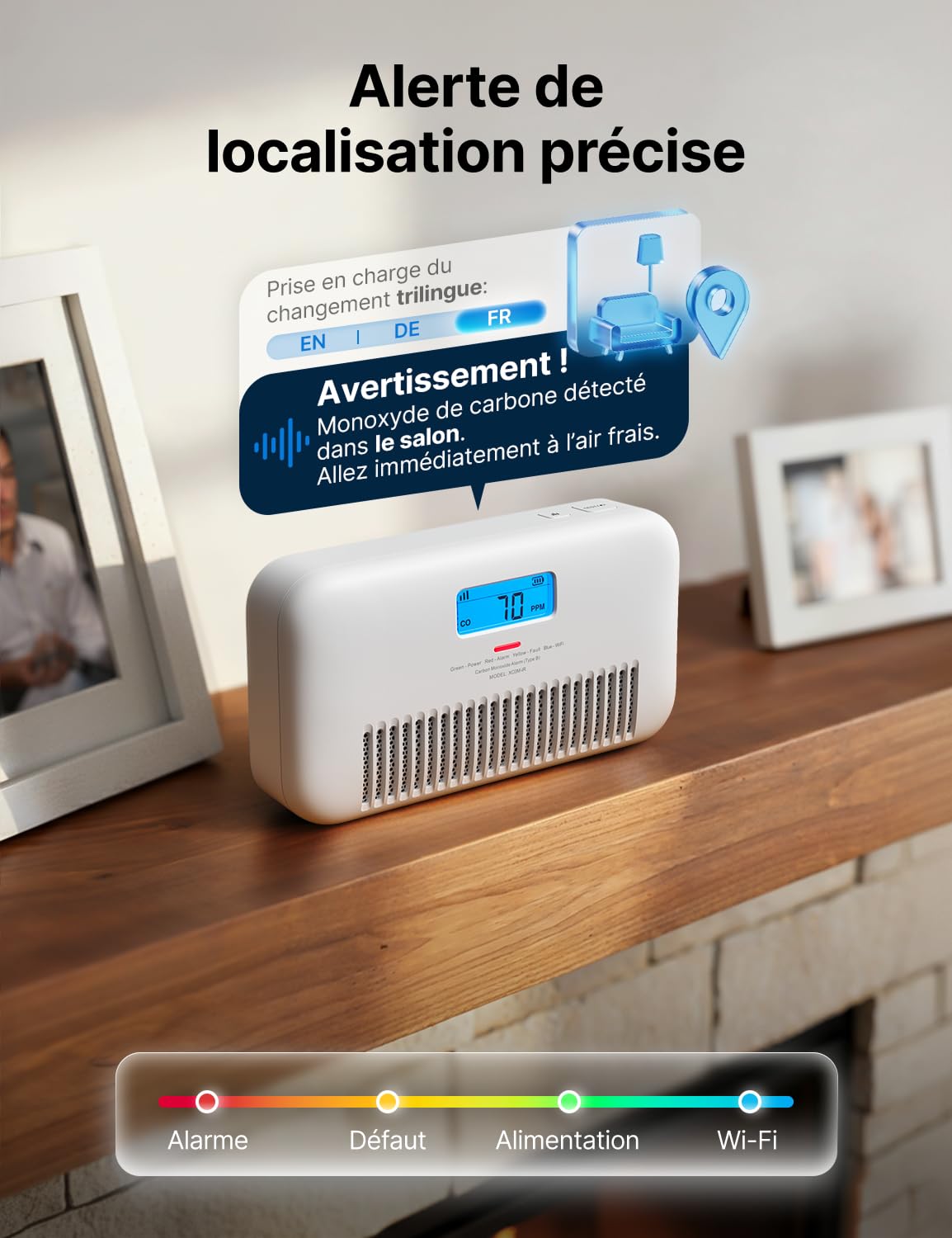 X-Sense Détecteur de Monoxyde de Carbone Connecté avec Alertes Vocales Français, Détecteur de CO avec Moniteur de Température et d'Humidité, Batterie Remplaçable, Niveau de Pic CO Historique, XC0M-iR