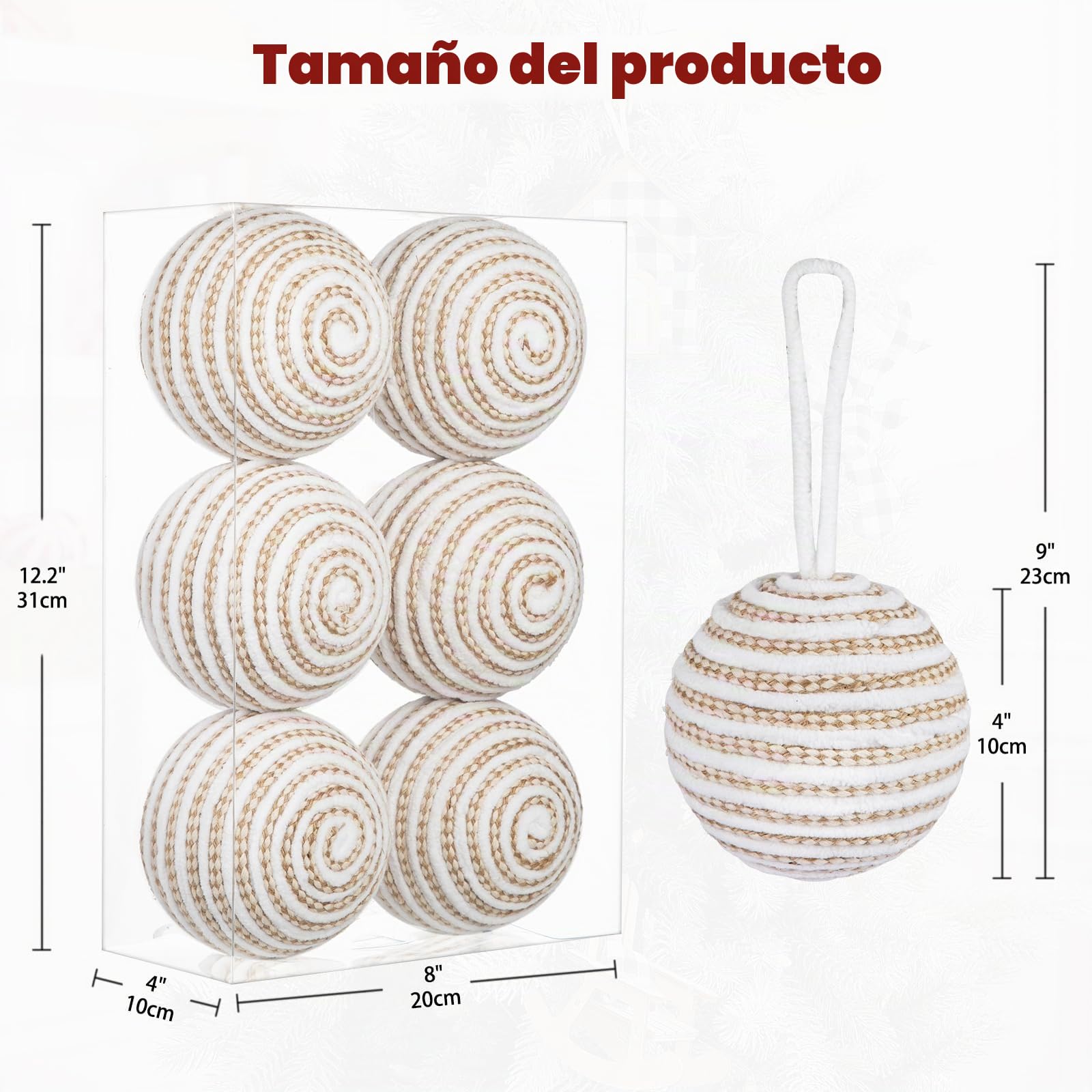 Oairse - Juego de 6 bolas de Navidad de 10 cm, bolas decorativas grandes de alambre blanco y marrón claro para decoración de árbol de Navidad, Halloween, fiesta de fin de año, decoración de mesa