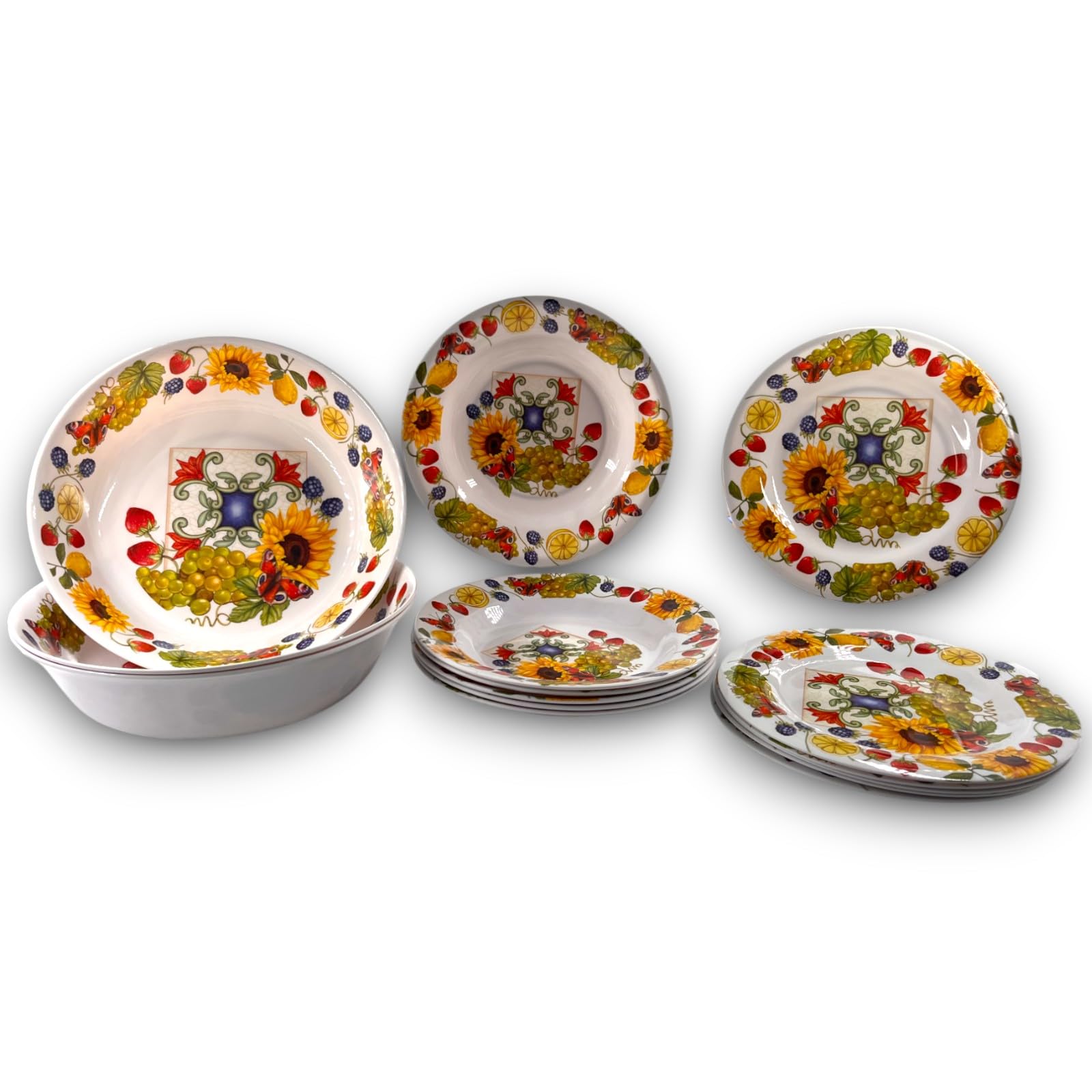 Set Di Stoviglie In Melammina 17 Pezzi Con Fantasia A Righe | Include Insalatiera Grande Da 3 Litri | Lavabile, Antigraffio, Resistente Al Calore