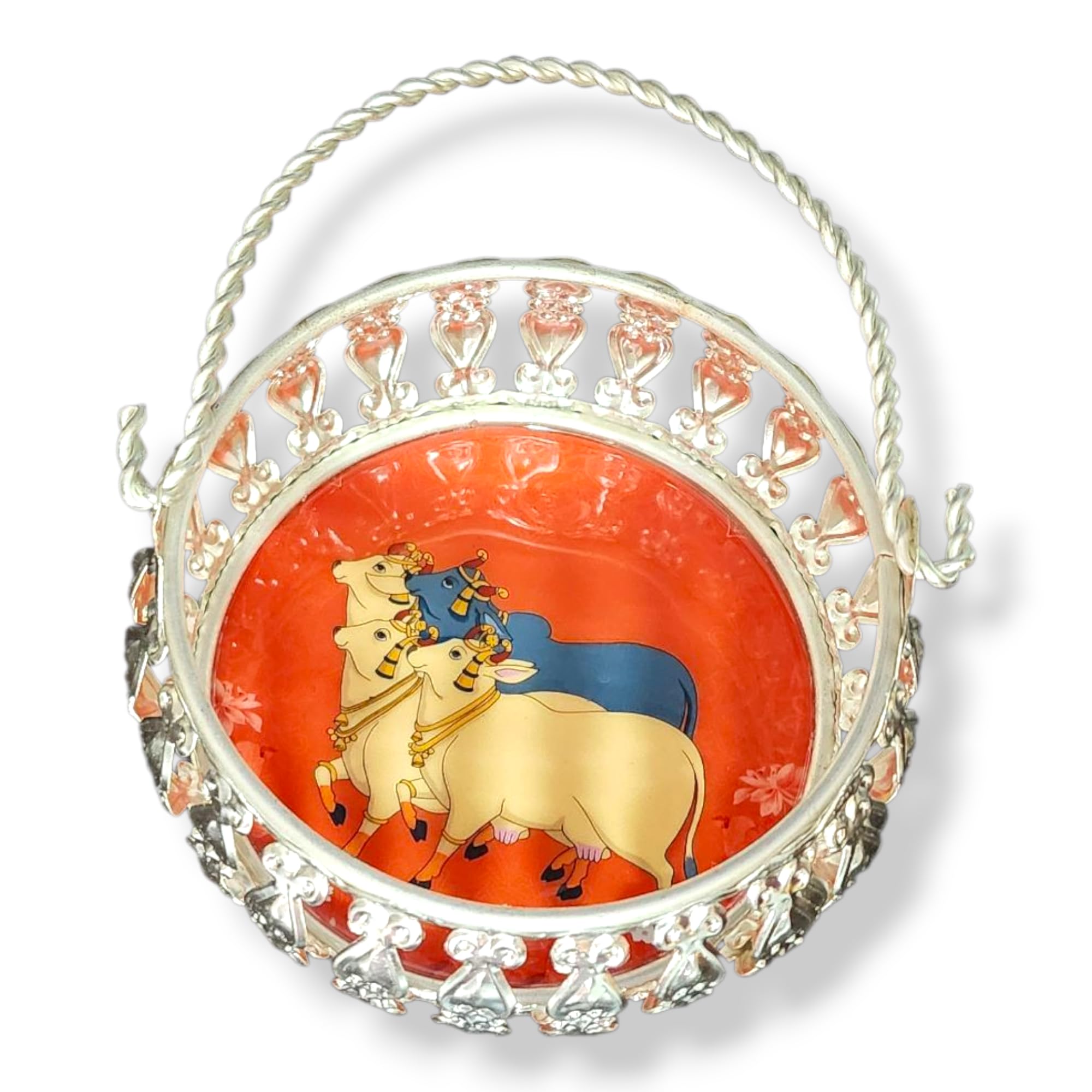 YRK German Silver Round Flower Basket with Three Legs & Pichwai Cow Sticker 4.5 INCH | Pula Butta | Phool Tokari | Parat | Butta | Marriage Gift Tray | German Silver Plate 4.5 INCH-picture-23