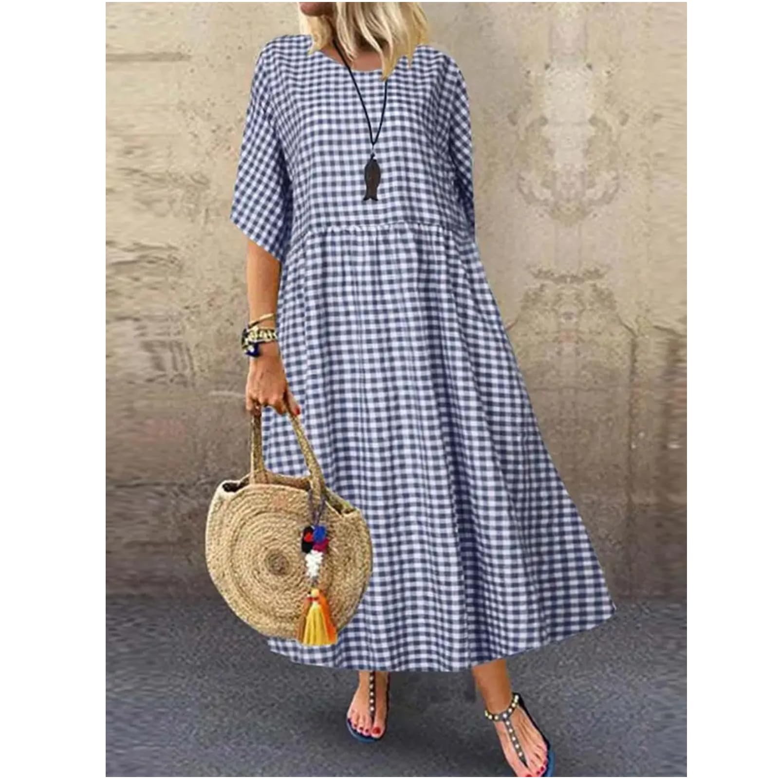 Vestido de Verano para Mujeres, Elegante Cuadro, Bata Estampada, Moda, Casual, Fiestas, una línea de Vestido Largo Oversize
