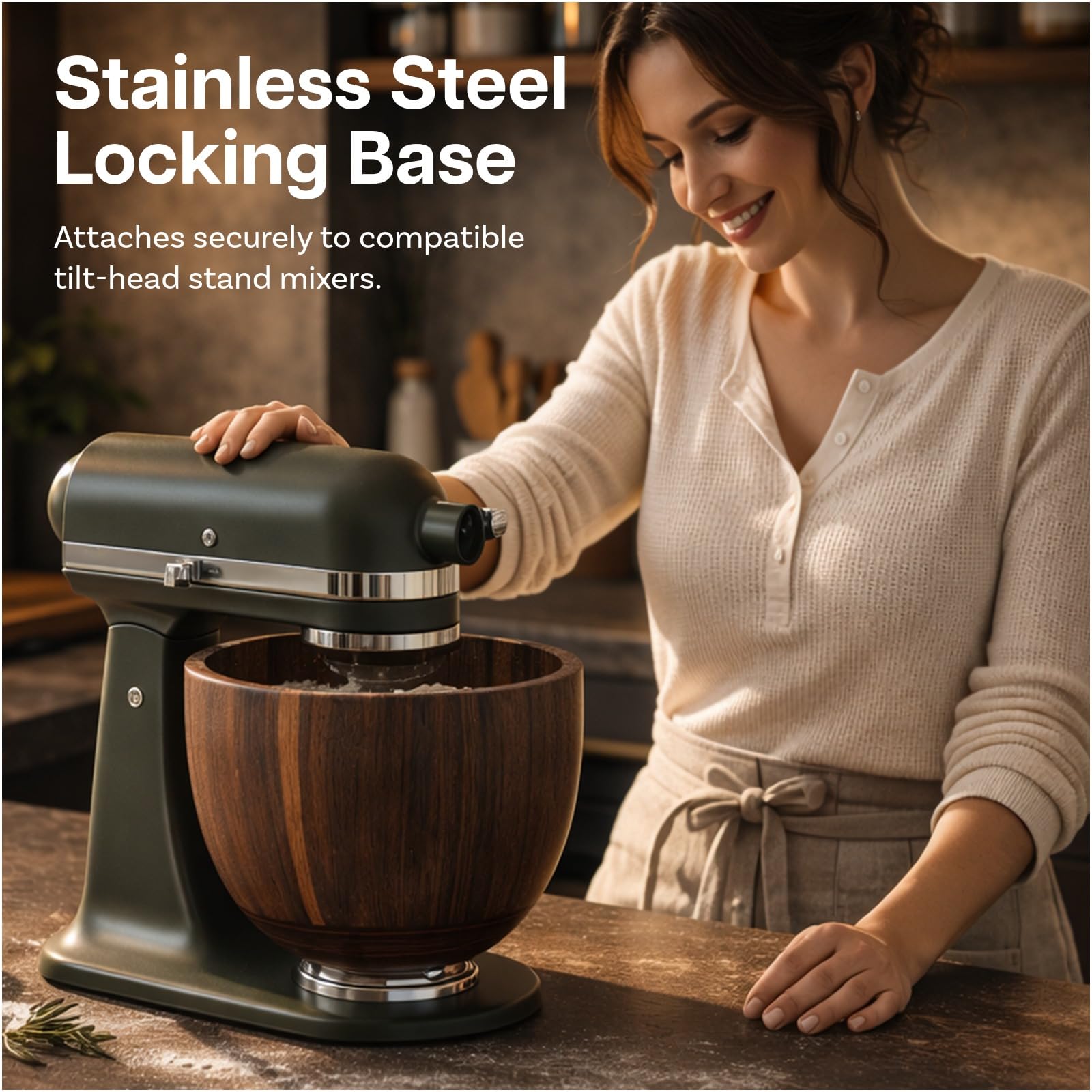Drewniana Miska do Mieszania do KitchenAid 4,5-5 Quart Miksery Stojące z Uchylną Głowicą od MMOBIEL – Miska z Naturalnego Drewna Akacjowego z Podstawą ze Stal Nierdz. 5QT – Dekoracyjna i Funkcjonalna