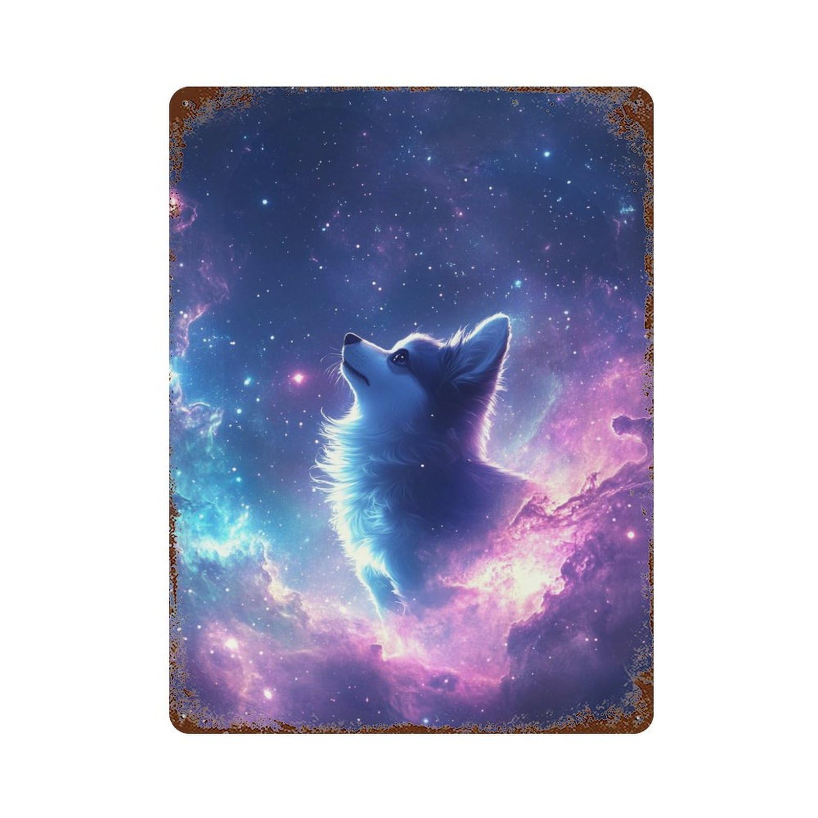 Galactic Wolf in Space Rust Effect Tin Sign 15.7"x11.8", Rustic Home Decor for Garage, Pub Or Kitchen