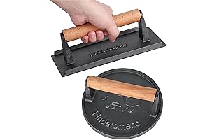 Findermend Heavy Duty Cast Iron Meat, Steak, Burger Press w/ Wooden Handle