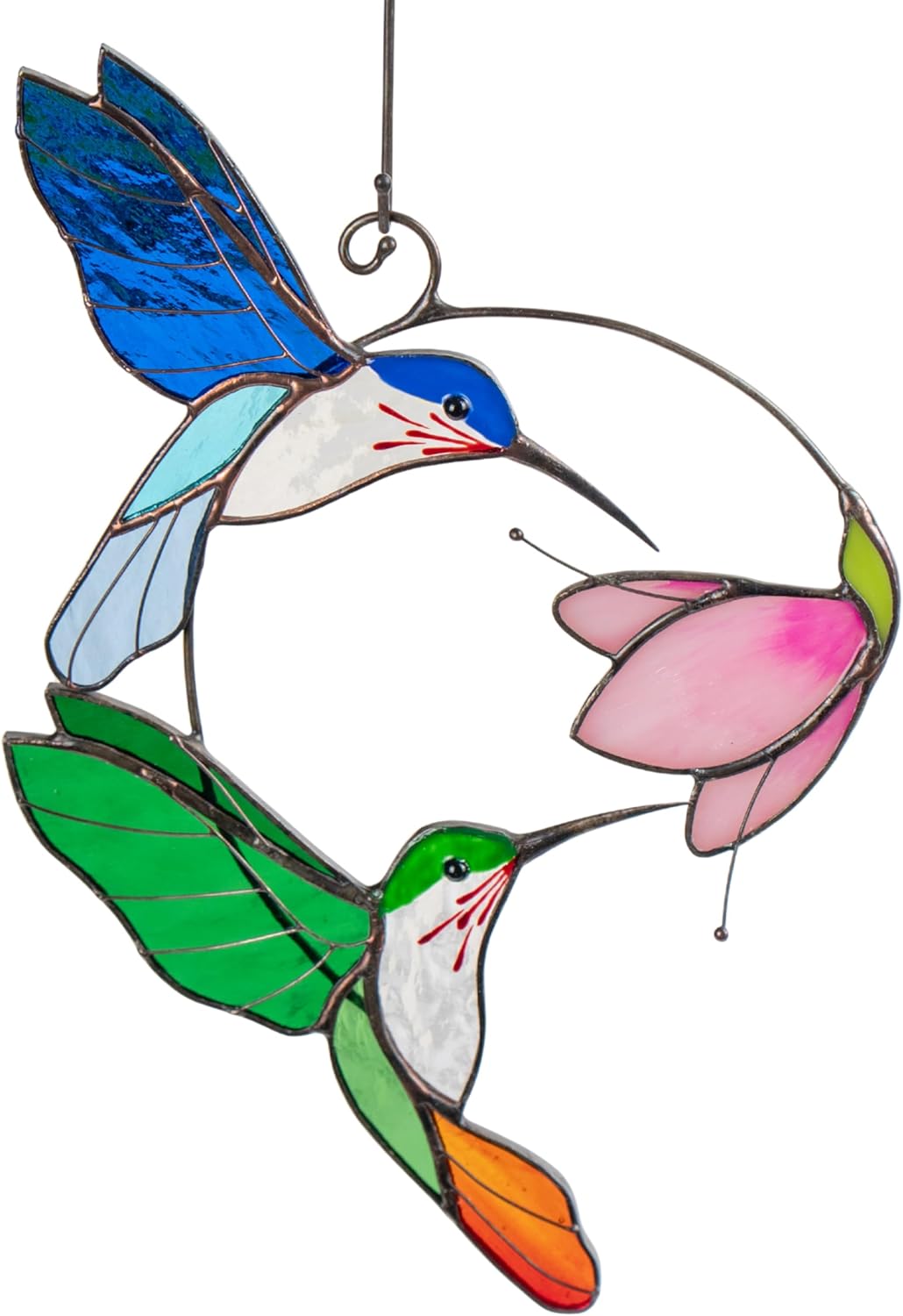 Hummingbird Cardinal Birds Stained Glass Suncatcher Genuine Stained Glass Window Hangings Unique Indoor Ornament & Outdoor Decor (Pair Flying Hums)