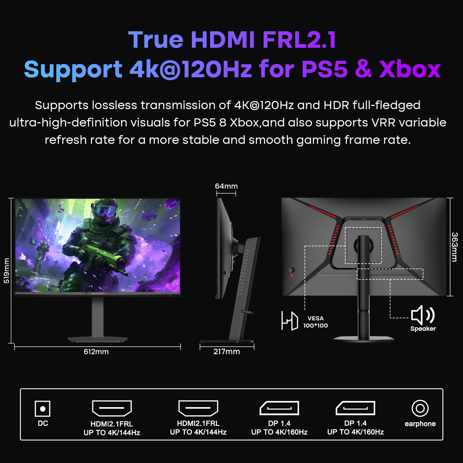 Amzfast 4K Gaming Monitor 27 Inch, Dual Mode 4K@160Hz / FHD@320Hz, Fast IPS Panel, Built-in Speakers, 1ms MPRT, Adaptive Sync, HDR400, 126% sRGB, 93% DCI-P3, ΔE<2, HDMI2.1&DP1.4, AMZG27F6U — view 9