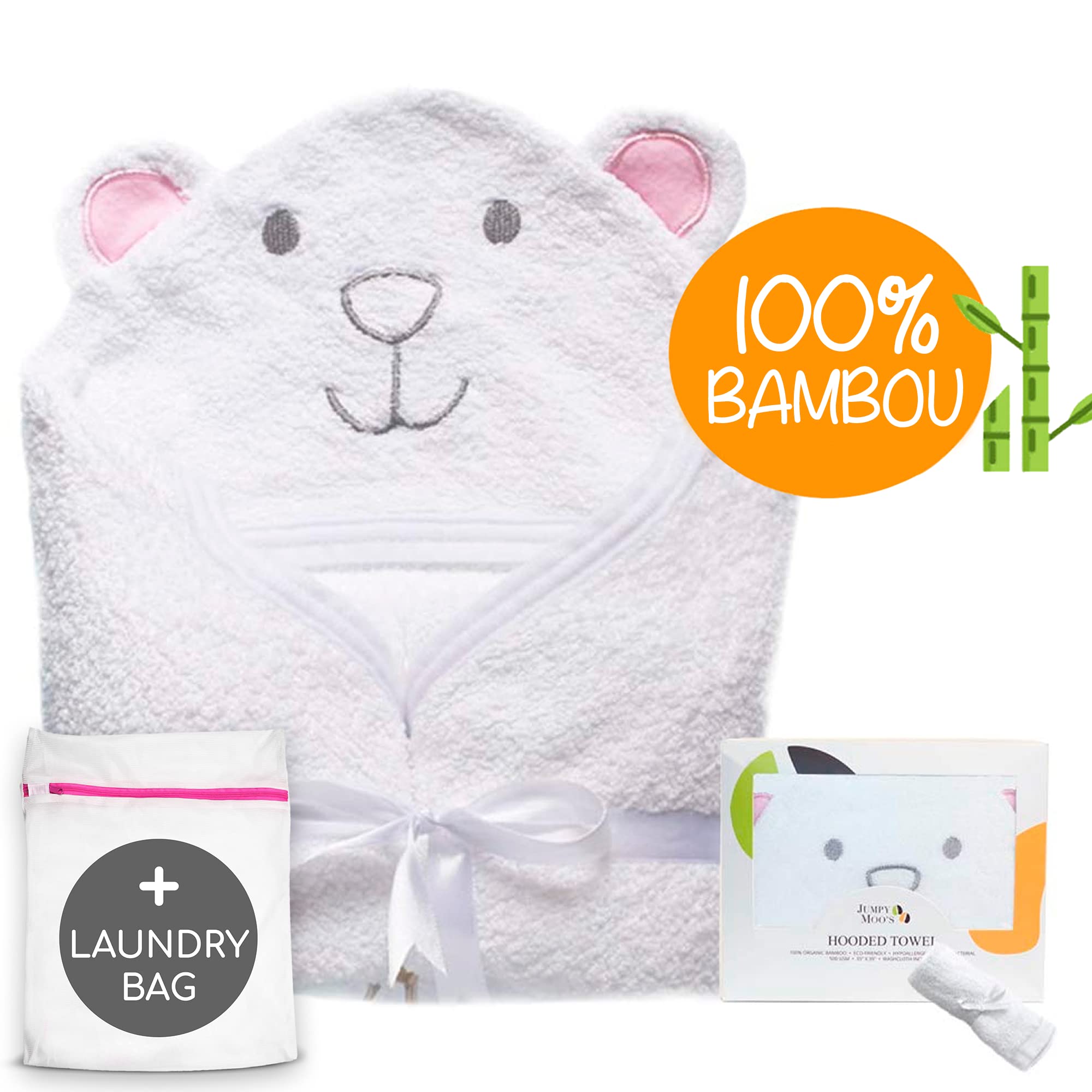 JM Cape de Bain Bébé Ultra Doux 100% Bambou Biologique 90 x 90 Cm - Cadeau Naissance Fille Parfait, Hypoallergénique, Sortie de Bain Bébé avec Coffret Cadeau et Gant de Toilette, Épais et Absorbant