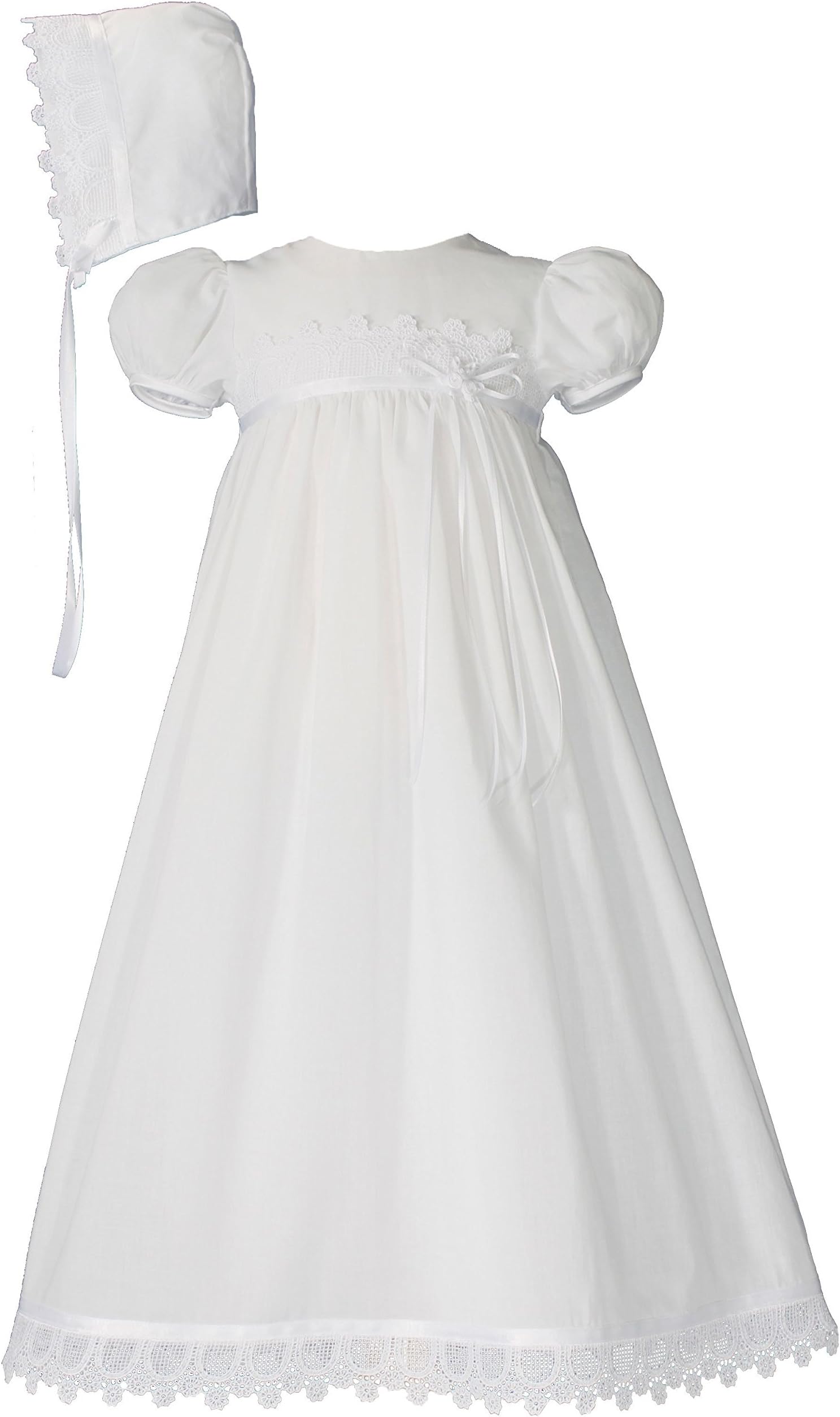 Little Things Mean A Lot 100% Cotton Handmade Girls Christening Special Occasion Dress with Italian Lace, White Dress & Hat Only, Newborn (Birth 7 lbs)