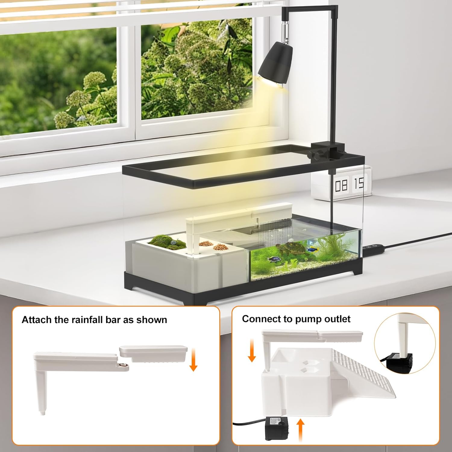 Turtle Tank Kit for Small Turtles, Hatchlings, Aquatic Pets-7.8Gallon with Basking Platform, Timed Heat Lamp & Rain Filter(19.7"*9.5"*9.6")