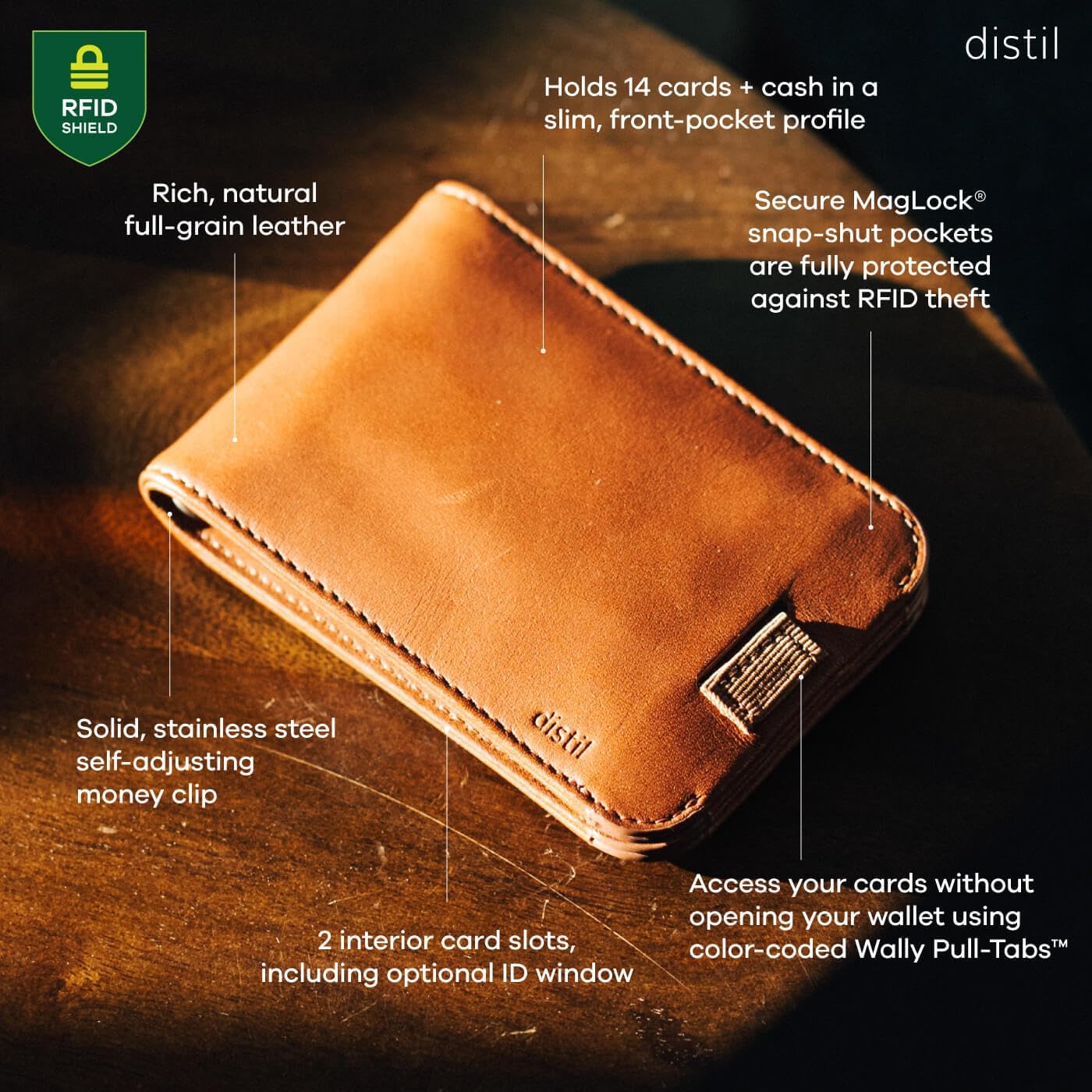 Distil Union Wally Bifold 5.0 RFID Wallet with ID Window - Slim Bifold Wallet for Men with Money Clip, Premium Leather – Minimalist RFID Card Holder - Holds 14 Cards & 30 Bills - Brown - Image 2