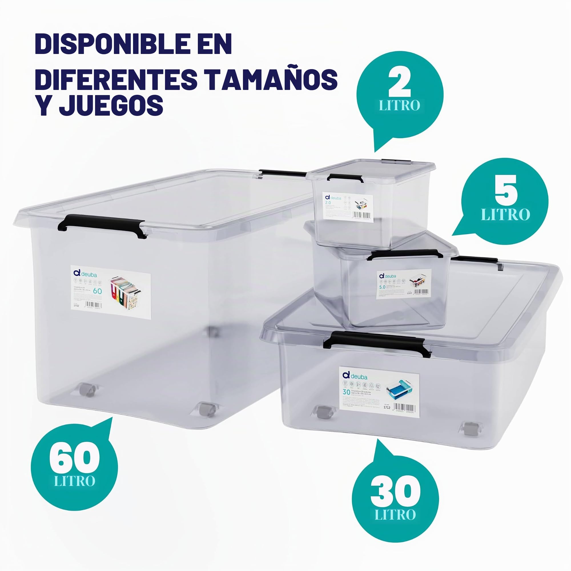 Deuba® 4X Cajas de Almacenamiento 30L Tapa Clips de Cierre Transparentes Almacenaje Juguetes Ruedas Apilable