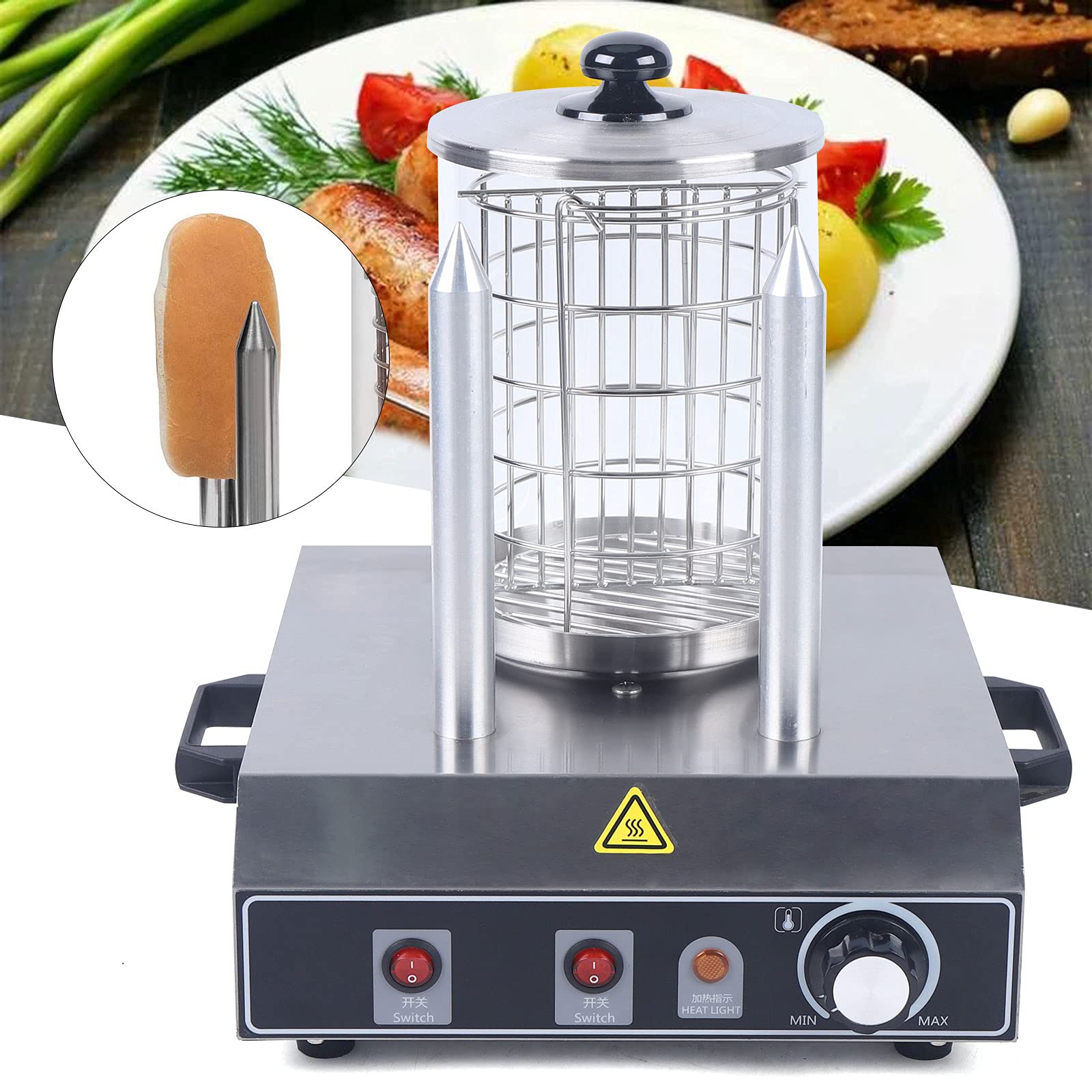 Hot Dog Maker da 400 W, 220 V, scaldabagno, 2 spiedini, in acciaio inox, temperatura regolabile