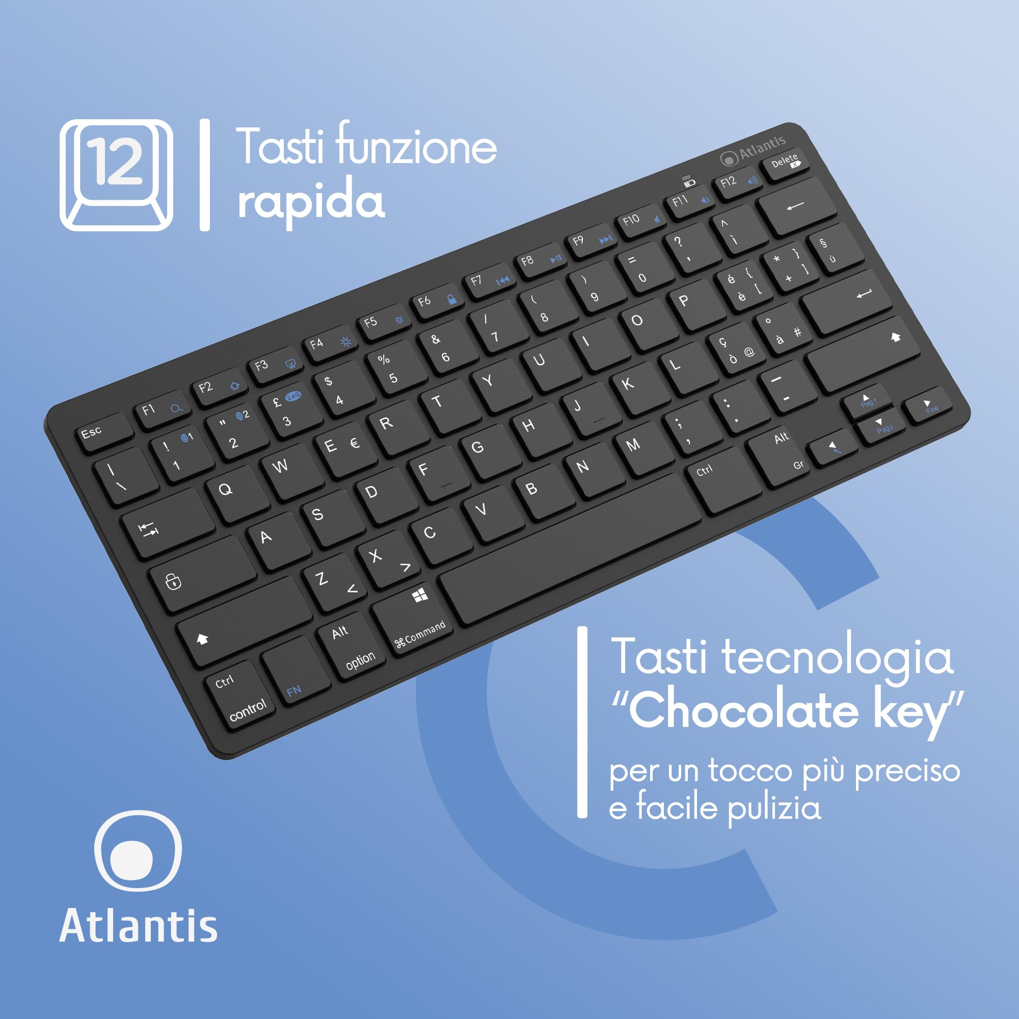 Atlantis ARGO 900 Mini Ultraslim klawiatura bezprzewodowa RF + Bluetooth, QWERTY 78 klawiszy czekoladowych do PC/notebooka/smartfona, tabletu/iOS/Android, kolor czarny