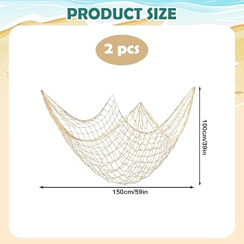 2 Pack Fishing Net, 59x39in Fishing Net Decoration, Natural Fish Nets Decorations for Party, Wall Hanging Fishnet Under The Sea Pirate Ocean Beach Halloween Bedroom Decor