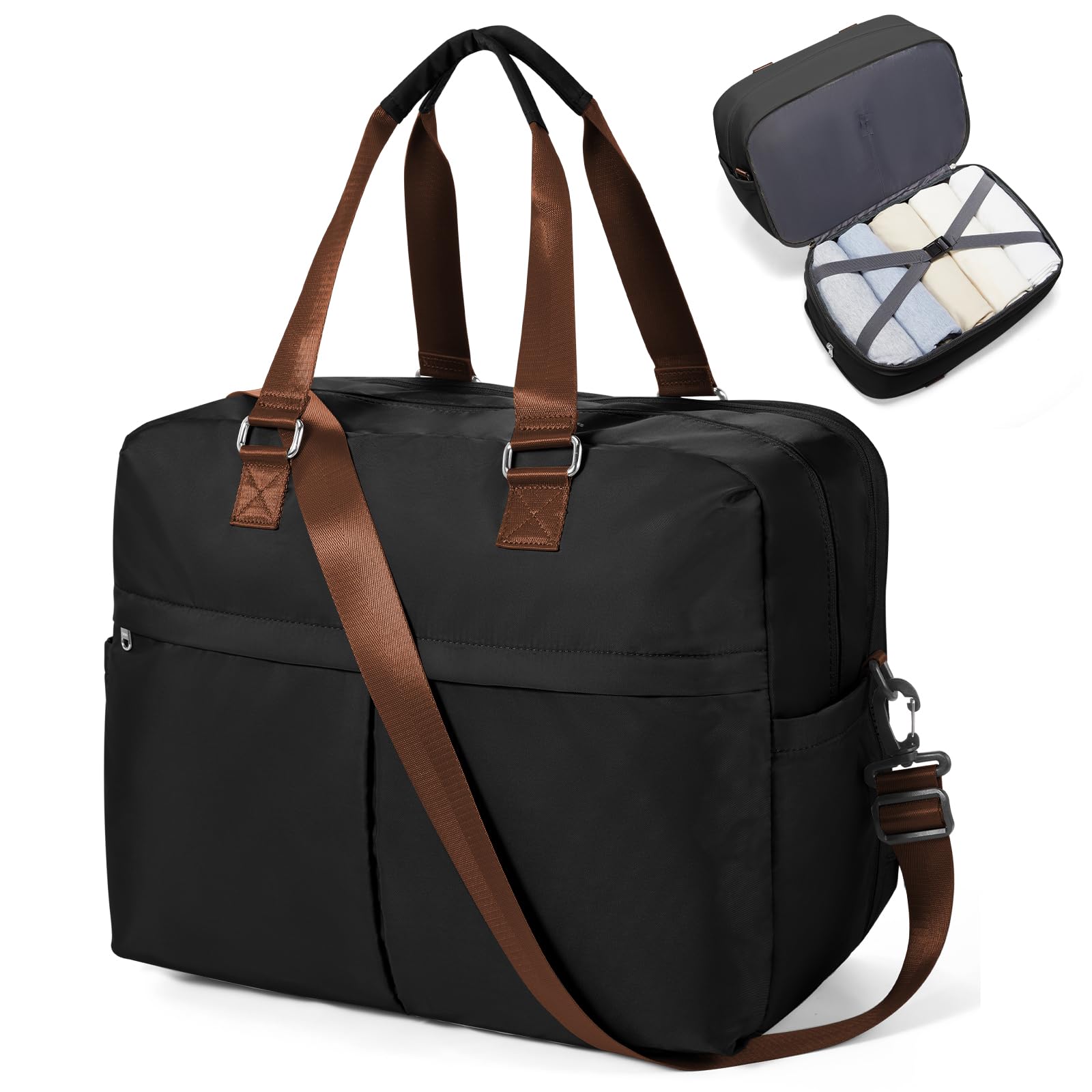 Travel Duffle Bags for Women Men Expandable Personal Item Travel Bags Lightweight Weekender Overnight Carry on Bag for Airplanes Sport Gym Tote Ladies Beach Luggage Bag Black Brown