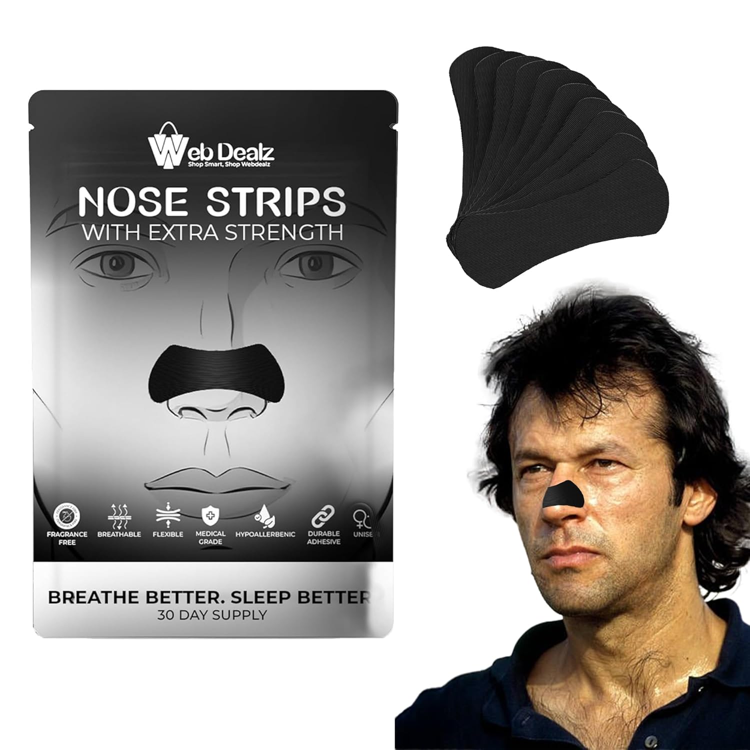 WEB DEALZ 30 Count Anti-Snoring Strips for Sleeping Breathe Nose Strips Extra Strength Nasal Strips for Breathing Hypoallergenic