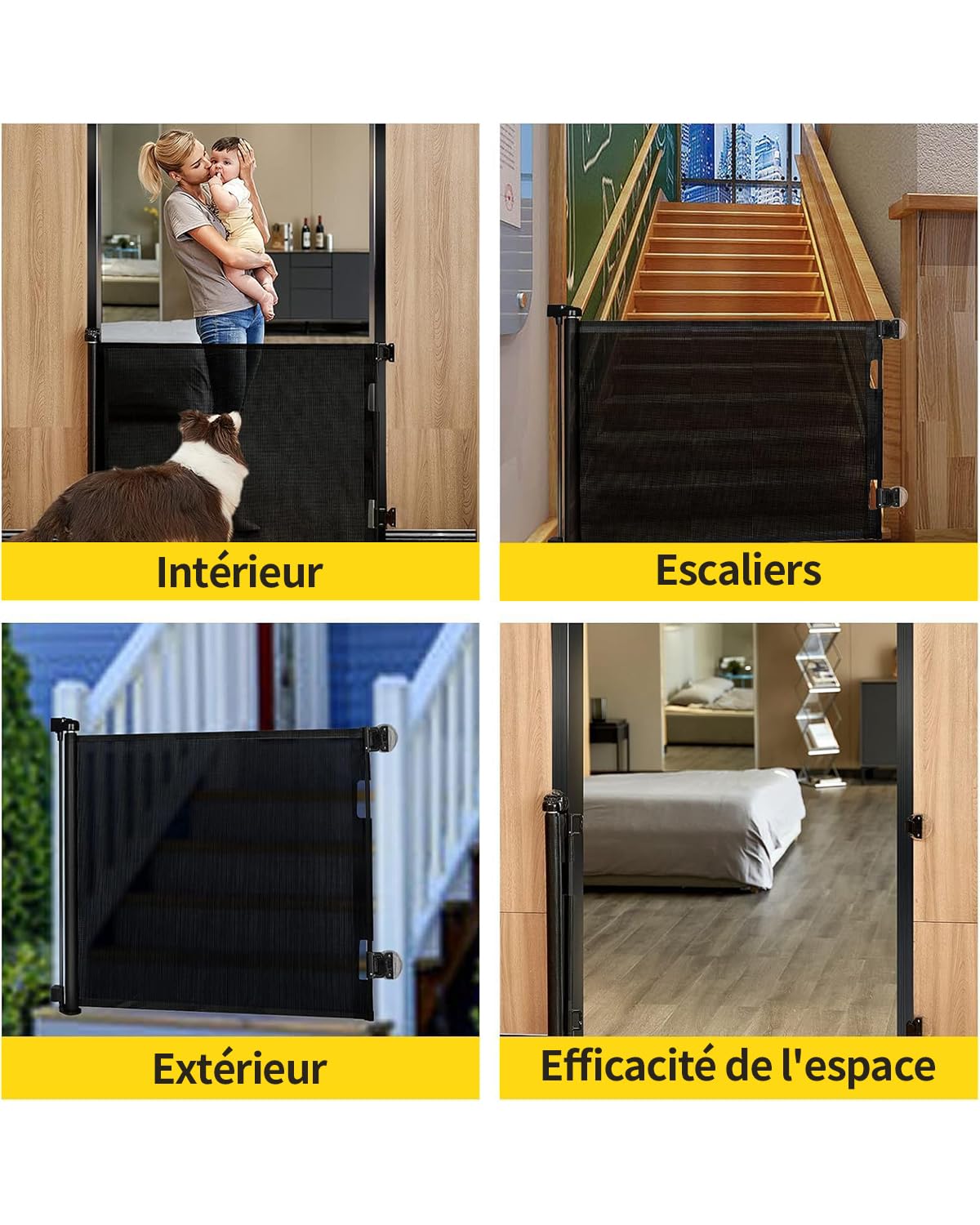 Barriere de Securite Enfant bebe Extensible Retractable 0-140cm - Barrière Escalier Enfant et Chien pour Intérieur/Extérieur, Couloirs（Noir）